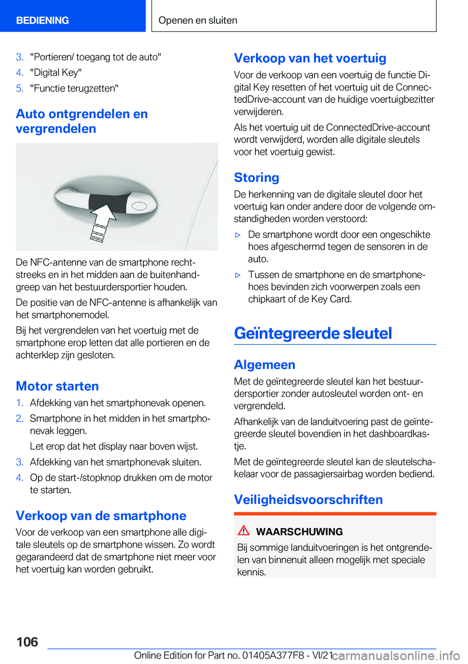 BMW X3 M 2022  Instructieboekjes (in Dutch) �3�.��P�o�r�t�i�e�r�e�n�/��t�o�e�g�a�n�g��t�o�t��d�e��a�u�t�o��4�.��D�i�g�i�t�a�l��K�e�y��5�.��F�u�n�c�t�i�e��t�e�r�u�g�z�e�t�t�e�n�
�A�u�t�o��o�n�t�g�r�e�n�d�e�l�e�n��e�n
�v�e�r�g�r�e�n
