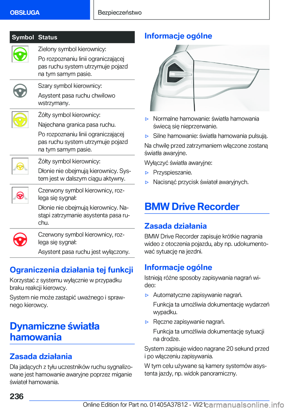 BMW X3 M 2022  Instrukcja obsługi (in Polish) �S�y�m�b�o�l�S�t�a�t�u�s�Z�i�e�l�o�n�y��s�y�m�b�o�l��k�i�e�r�o�w�n�i�c�y�:
�P�o��r�o�z�p�o�z�n�a�n�i�u��l�i�n�i�i��o�g�r�a�n�i�c�z�a�j�