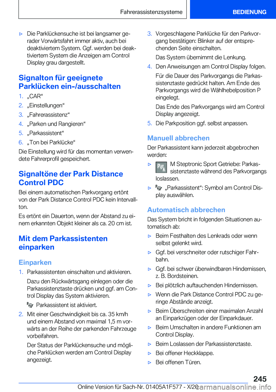 BMW X3 M 2021  Betriebsanleitungen (in German) 'x�D�i�e��P�a�r�k�l�