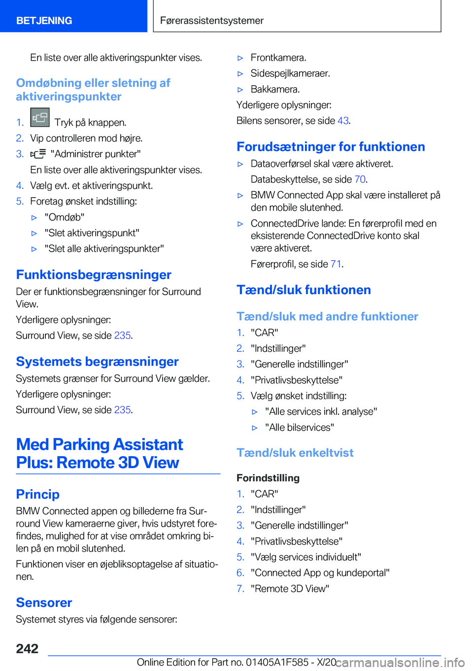 BMW X3 M 2021  InstruktionsbØger (in Danish) �E�n��l�i�s�t�e��o�v�e�r��a�l�l�e��a�k�t�i�v�e�r�i�n�g�s�p�u�n�k�t�e�r��v�i�s�e�s�.
�O�m�d�