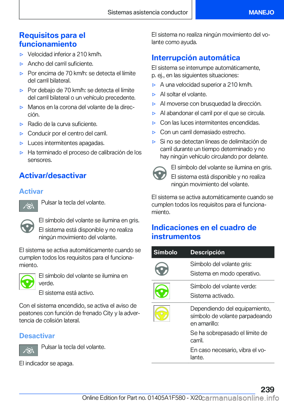BMW X3 M 2021  Manuales de Empleo (in Spanish) �R�e�q�u�i�s�i�t�o�s��p�a�r�a��e�l
�f�u�n�c�i�o�n�a�m�i�e�n�t�ox�V�e�l�o�c�i�d�a�d��i�n�f�e�r�i�o�r��a��2�1�0��k�m�/�h�.x�A�n�c�h�o��d�e�l��c�a�r�r�i�l��s�u�f�i�c�i�e�n�t�e�.x�P�o�r��e�n�