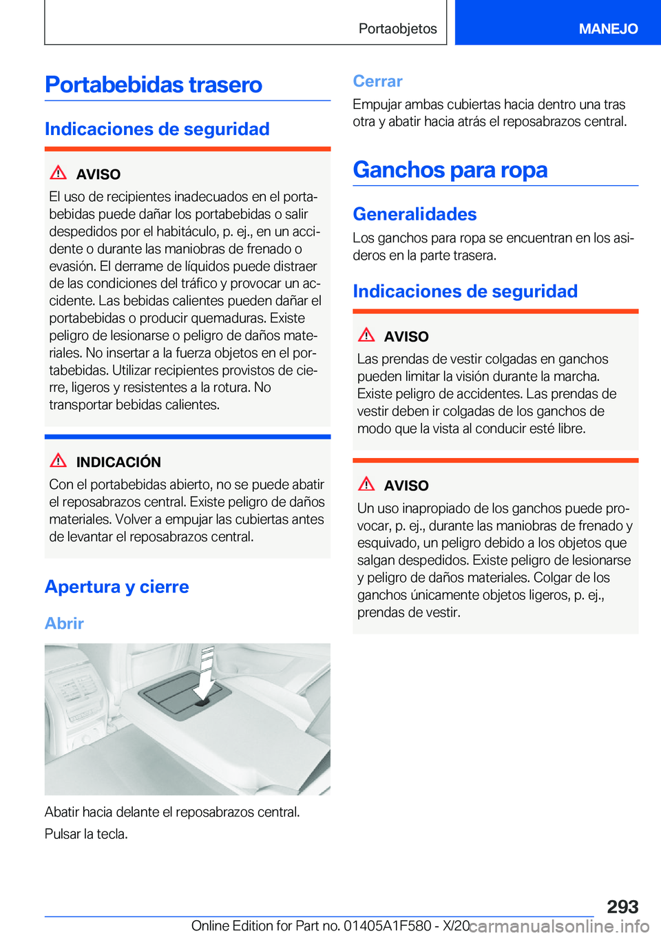 BMW X3 M 2021  Manuales de Empleo (in Spanish) �P�o�r�t�a�b�e�b�i�d�a�s��t�r�a�s�e�r�o
�I�n�d�i�c�a�c�i�o�n�e�s��d�e��s�e�g�u�r�i�d�a�d
�A�V�I�S�O
�E�l��u�s�o��d�e��r�e�c�i�p�i�e�n�t�e�s��i�n�a�d�e�c�u�a�d�o�s��e�n��e�l��p�o�r�t�aª
�b�