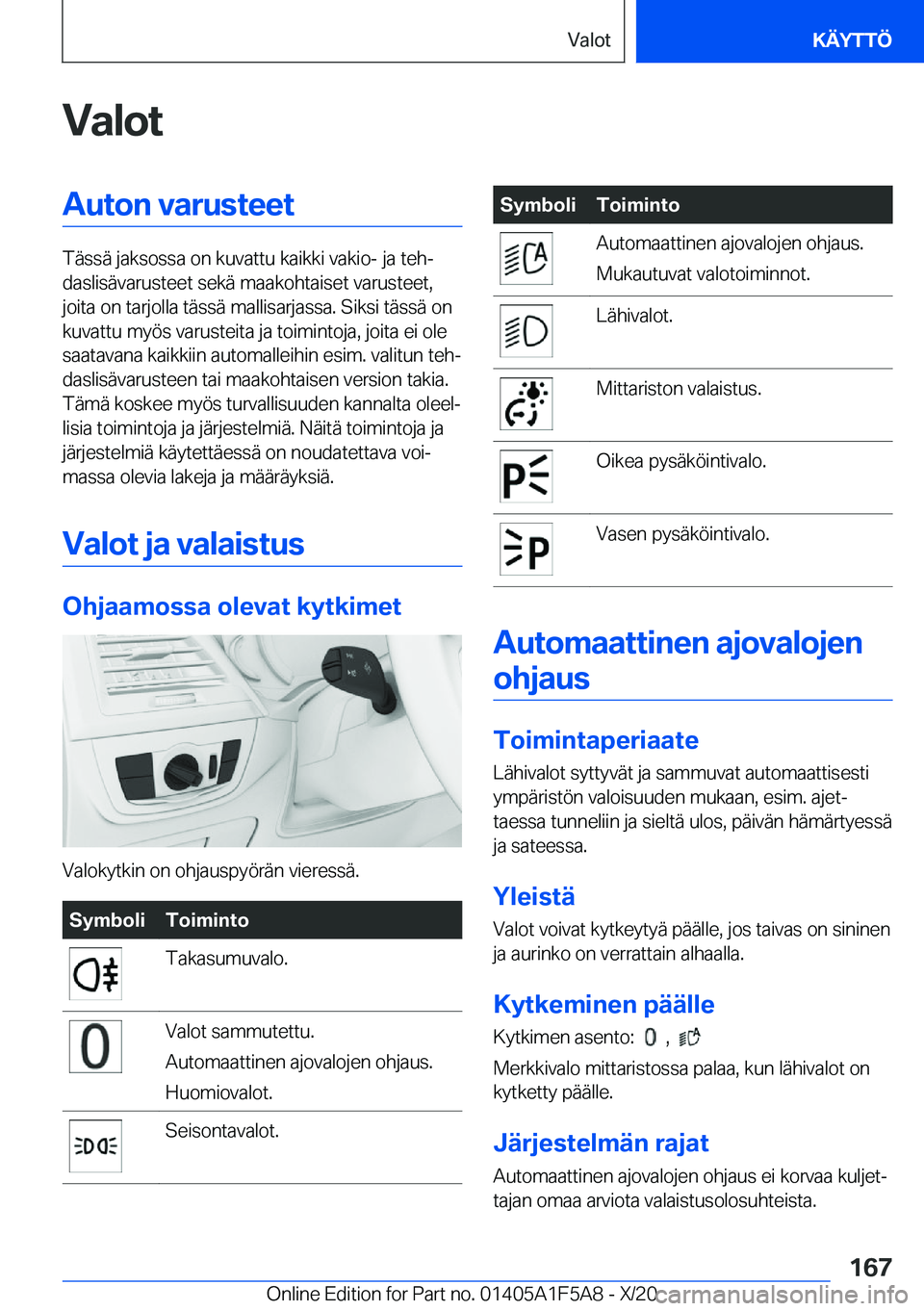 BMW X3 M 2021  Omistajan Käsikirja (in Finnish) �V�a�l�o�t�A�u�t�o�n��v�a�r�u�s�t�e�e�t
�T�