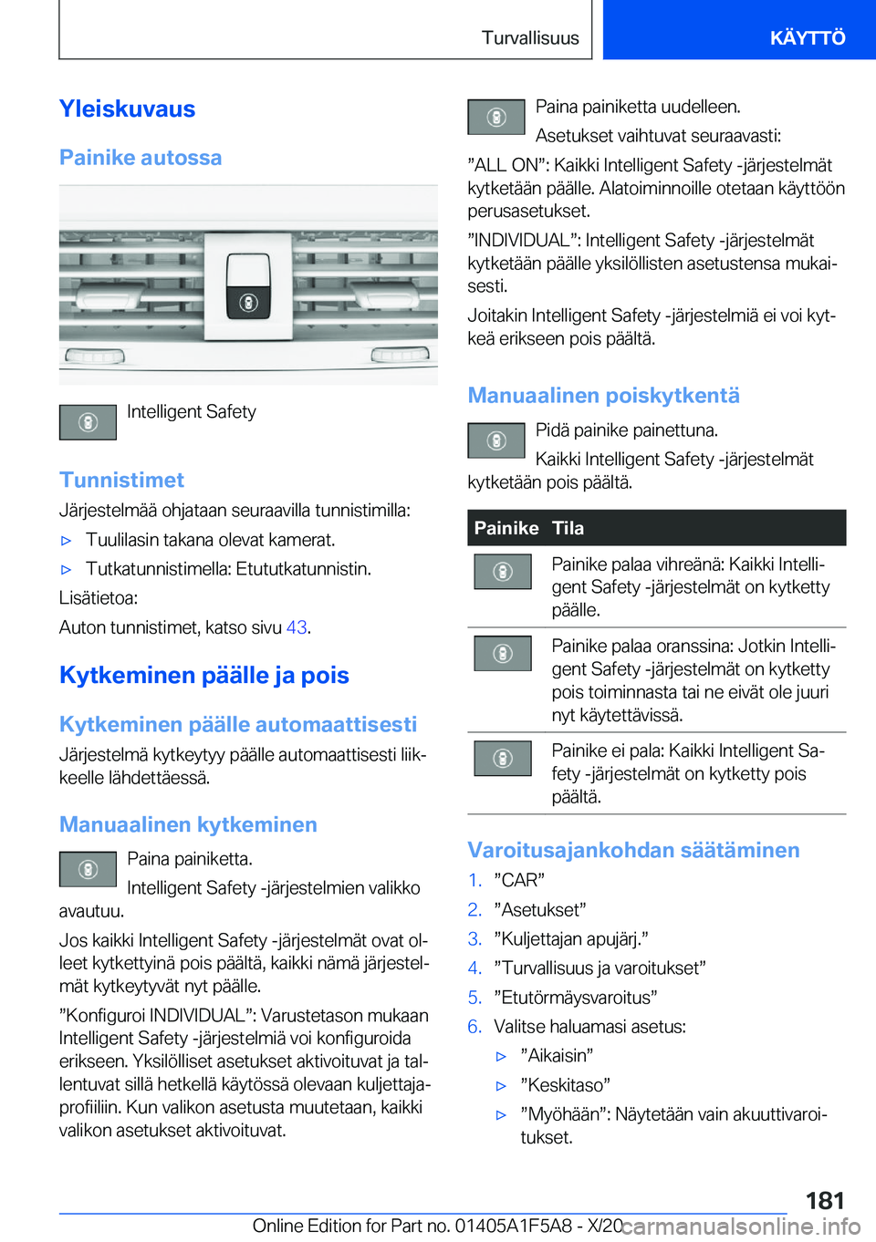 BMW X3 M 2021  Omistajan Käsikirja (in Finnish) �Y�l�e�i�s�k�u�v�a�u�s
�P�a�i�n�i�k�e��a�u�t�o�s�s�a
�I�n�t�e�l�l�i�g�e�n�t��S�a�f�e�t�y
�T�u�n�n�i�s�t�i�m�e�t
�J�