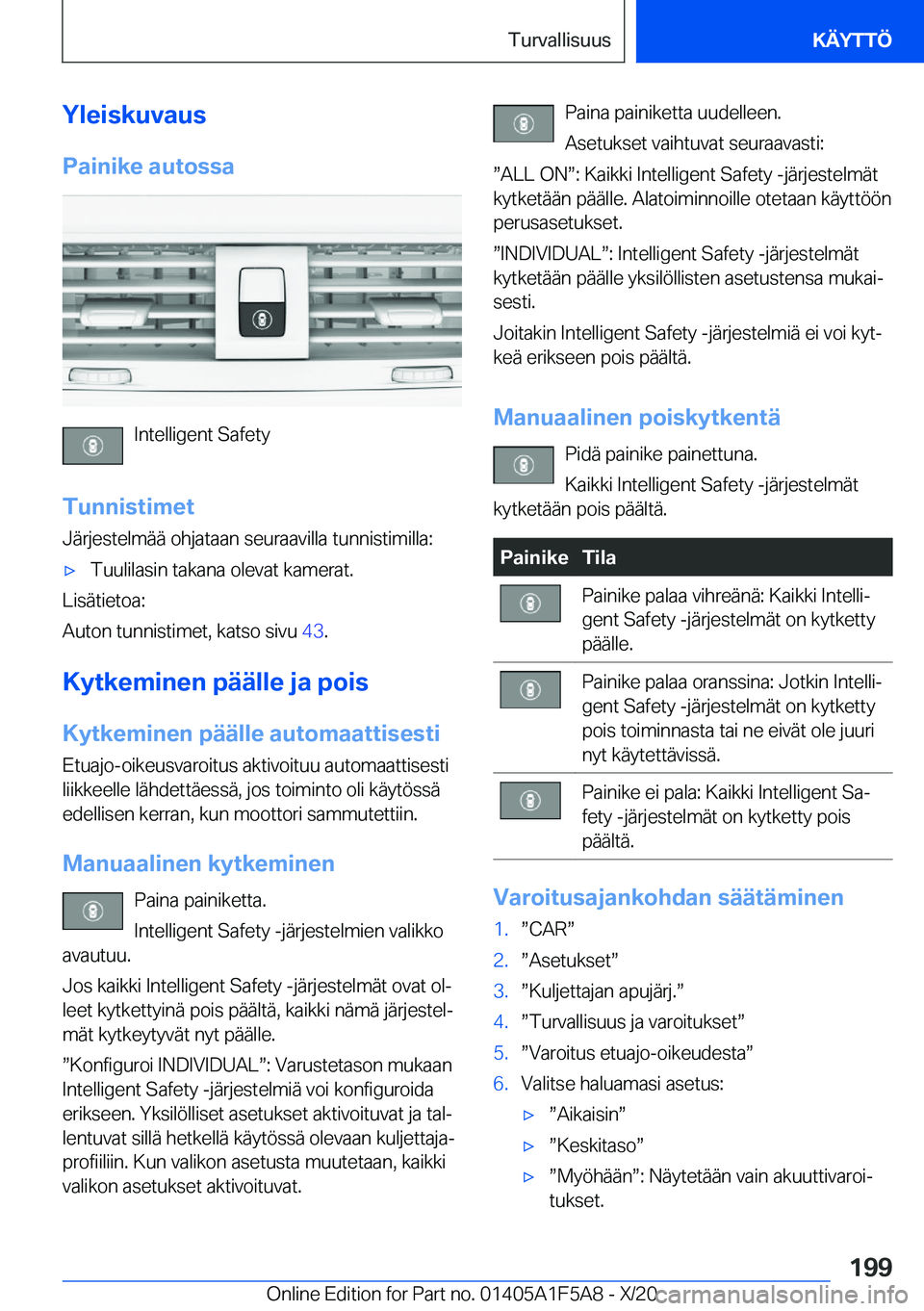 BMW X3 M 2021  Omistajan Käsikirja (in Finnish) �Y�l�e�i�s�k�u�v�a�u�s
�P�a�i�n�i�k�e��a�u�t�o�s�s�a
�I�n�t�e�l�l�i�g�e�n�t��S�a�f�e�t�y
�T�u�n�n�i�s�t�i�m�e�t
�J�