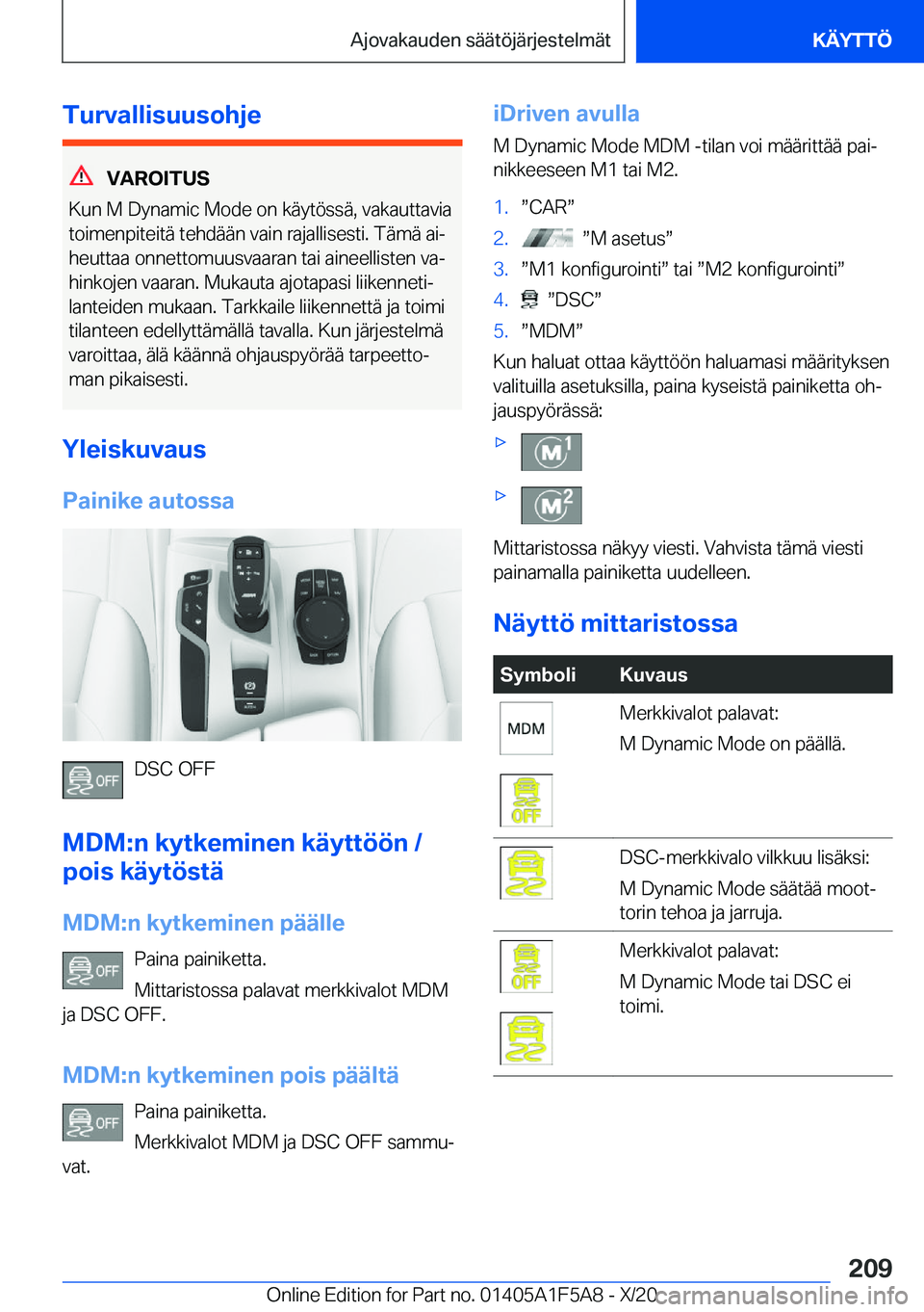 BMW X3 M 2021  Omistajan Käsikirja (in Finnish) �T�u�r�v�a�l�l�i�s�u�u�s�o�h�j�e
�V�A�R�O�I�T�U�S
�K�u�n��M��D�y�n�a�m�i�c��M�o�d�e��o�n��k�