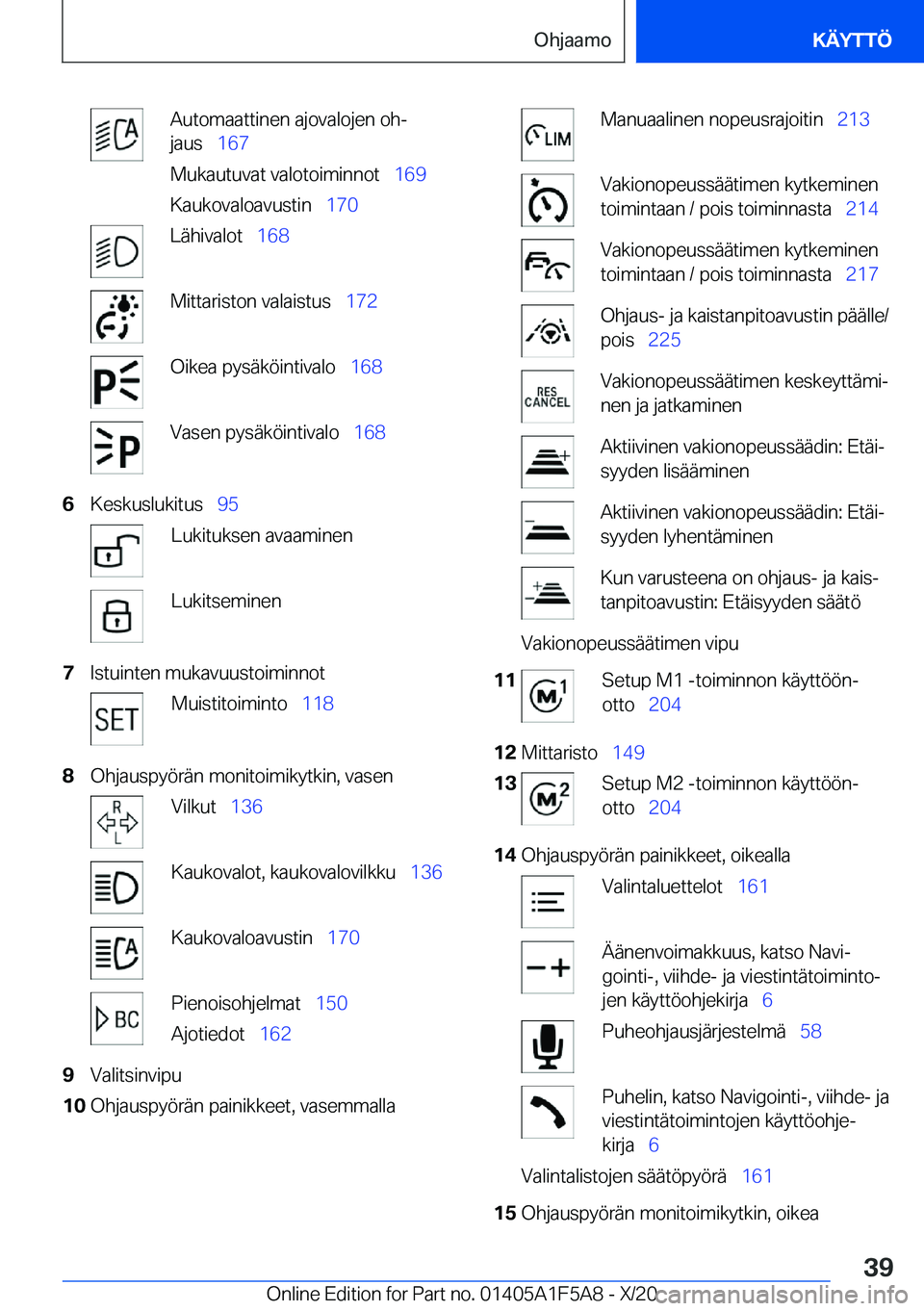 BMW X3 M 2021  Omistajan Käsikirja (in Finnish) �A�u�t�o�m�a�a�t�t�i�n�e�n��a�j�o�v�a�l�o�j�e�n��o�hj
�j�a�u�s\_ �1�6�7
�M�u�k�a�u�t�u�v�a�t��v�a�l�o�t�o�i�m�i�n�n�o�t\_ �1�6�9
�K�a�u�k�o�v�a�l�o�a�v�u�s�t�i�n\_ �1�7�0�L�