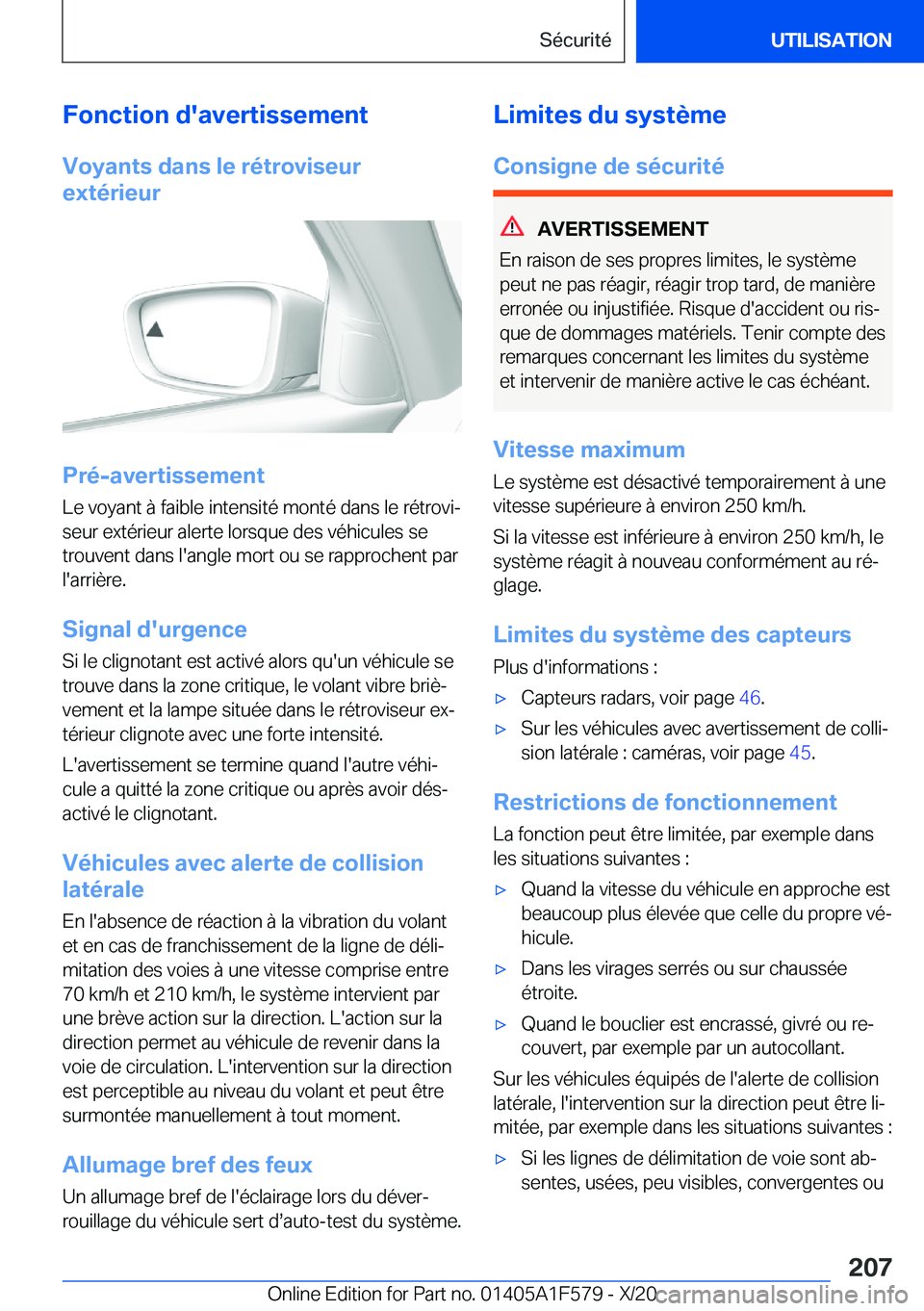 BMW X3 M 2021  Notices Demploi (in French) �F�o�n�c�t�i�o�n��d�'�a�v�e�r�t�i�s�s�e�m�e�n�t
�V�o�y�a�n�t�s��d�a�n�s��l�e��r�é�t�r�o�v�i�s�e�u�r
�e�x�t�é�r�i�e�u�r
�P�r�é�-�a�v�e�r�t�i�s�s�e�m�e�n�t
�L�e��v�o�y�a�n�t��