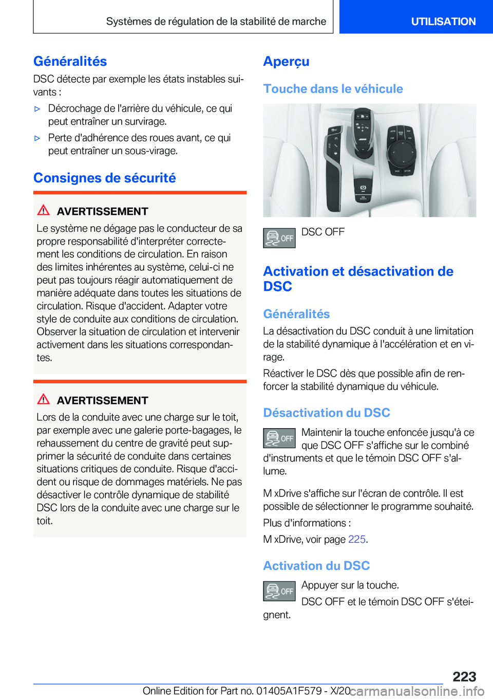 BMW X3 M 2021  Notices Demploi (in French) �G�é�n�é�r�a�l�i�t�é�s�D�S�C��d�é�t�e�c�t�e��p�a�r��e�x�e�m�p�l�e��l�e�s��é�t�a�t�s��i�n�s�t�a�b�l�e�s��s�u�ij
�v�a�n�t�s��:'x�D�é�c�r�o�c�h�a�g�e��d�e��l�'�a�r�r�i�è�r�e��d