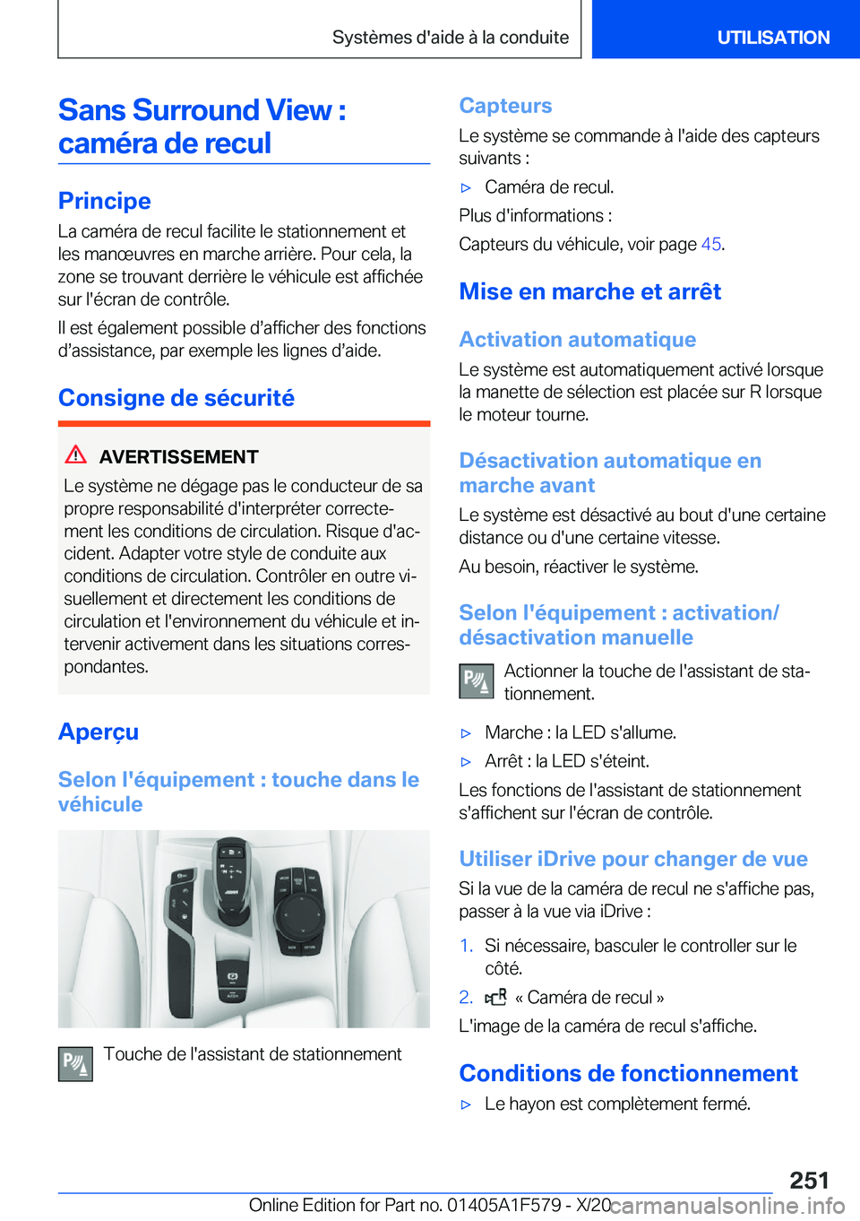 BMW X3 M 2021  Notices Demploi (in French) �S�a�n�s��S�u�r�r�o�u�n�d��V�i�e�w��:�c�a�m�é�r�a��d�e��r�e�c�u�l
�P�r�i�n�c�i�p�e �L�a��c�a�m�é�r�a��d�e��r�e�c�u�l��f�a�c�i�l�i�t�e��l�e��s�t�a�t�i�o�n�n�e�m�e�n�t��e�t
�l�e�s��m�a�n�