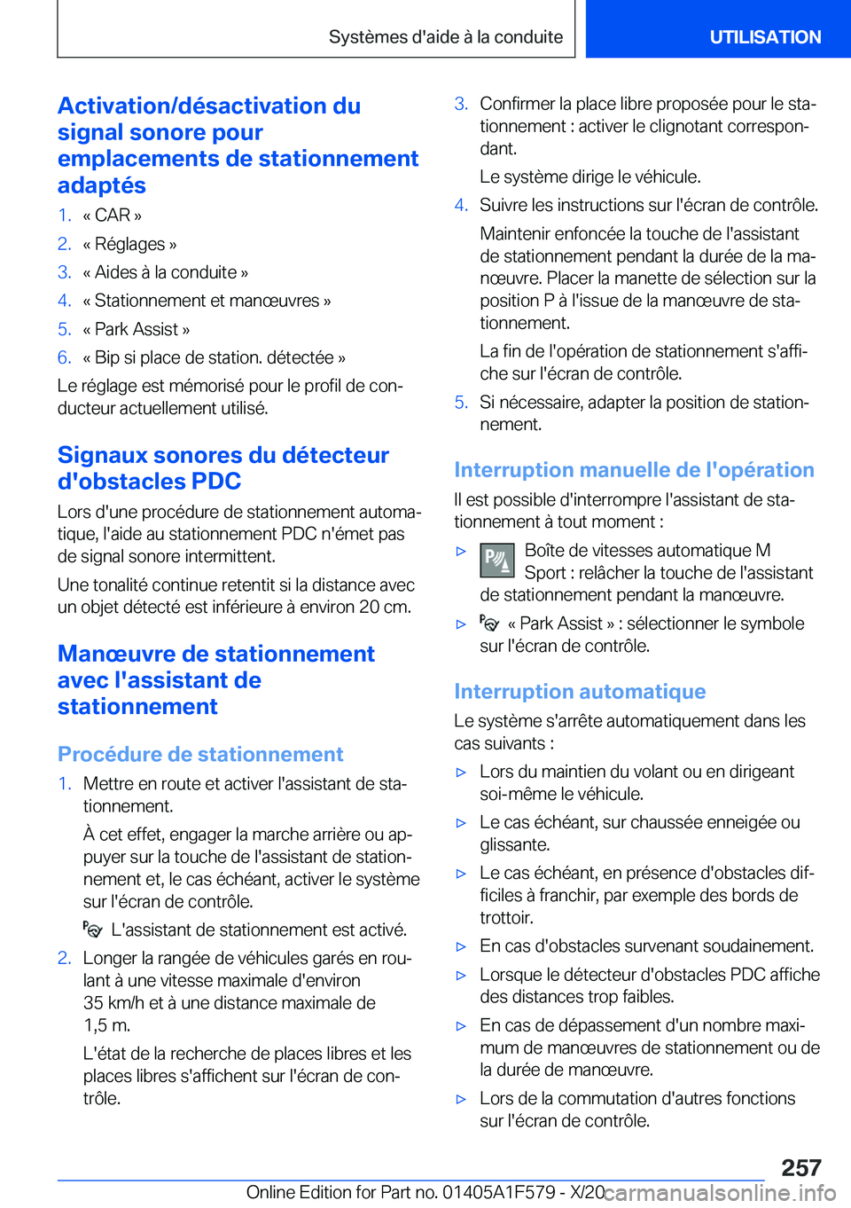 BMW X3 M 2021  Notices Demploi (in French) �A�c�t�i�v�a�t�i�o�n�/�d�é�s�a�c�t�i�v�a�t�i�o�n��d�u
�s�i�g�n�a�l��s�o�n�o�r�e��p�o�u�r
�e�m�p�l�a�c�e�m�e�n�t�s��d�e��s�t�a�t�i�o�n�n�e�m�e�n�t
�a�d�a�p�t�é�s�1�.�k��C�A�R��{�2�.�k��R�é�g