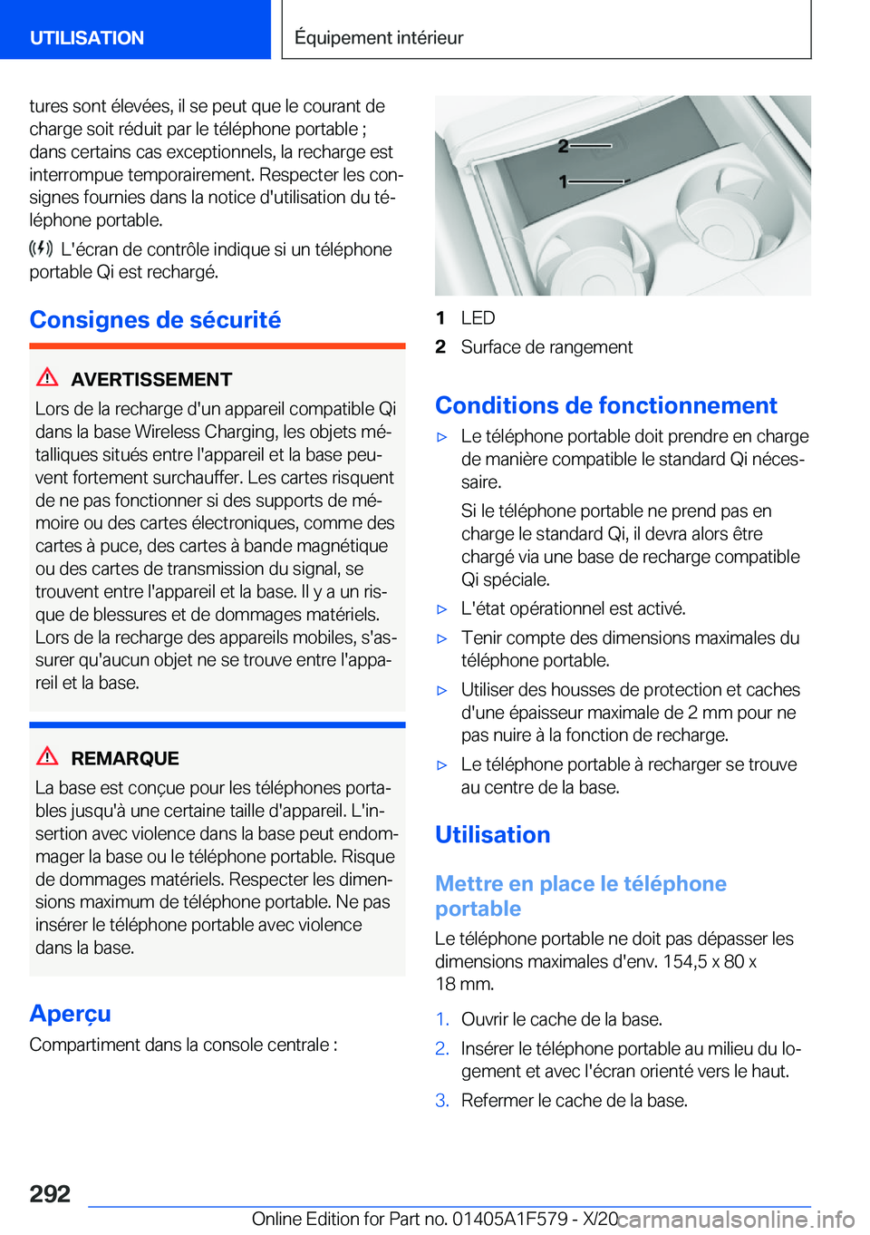 BMW X3 M 2021  Notices Demploi (in French) �t�u�r�e�s��s�o�n�t��é�l�e�v�é�e�s�,��i�l��s�e��p�e�u�t��q�u�e��l�e��c�o�u�r�a�n�t��d�e
�c�h�a�r�g�e��s�o�i�t��r�é�d�u�i�t��p�a�r��l�e��t�é�l�é�p�h�o�n�e��p�o�r�t�a�b�l�e��;
�d�a�