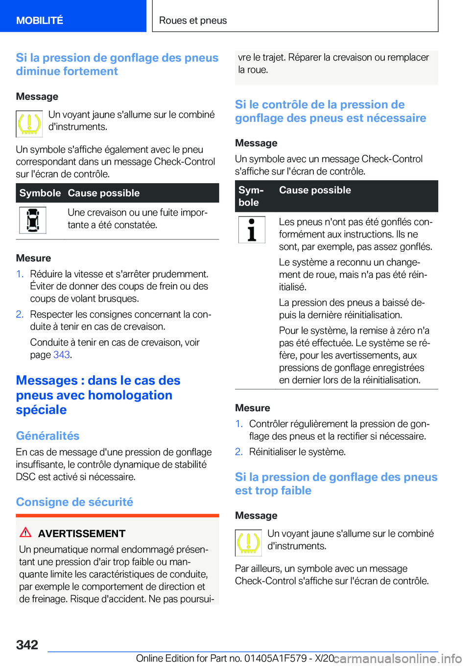 BMW X3 M 2021  Notices Demploi (in French) �S�i��l�a��p�r�e�s�s�i�o�n��d�e��g�o�n�f�l�a�g�e��d�e�s��p�n�e�u�s
�d�i�m�i�n�u�e��f�o�r�t�e�m�e�n�t
�M�e�s�s�a�g�e �U�n��v�o�y�a�n�t��j�a�u�n�e��s�'�a�l�l�u�m�e��s�u�r��l�e��c�o�m�b�