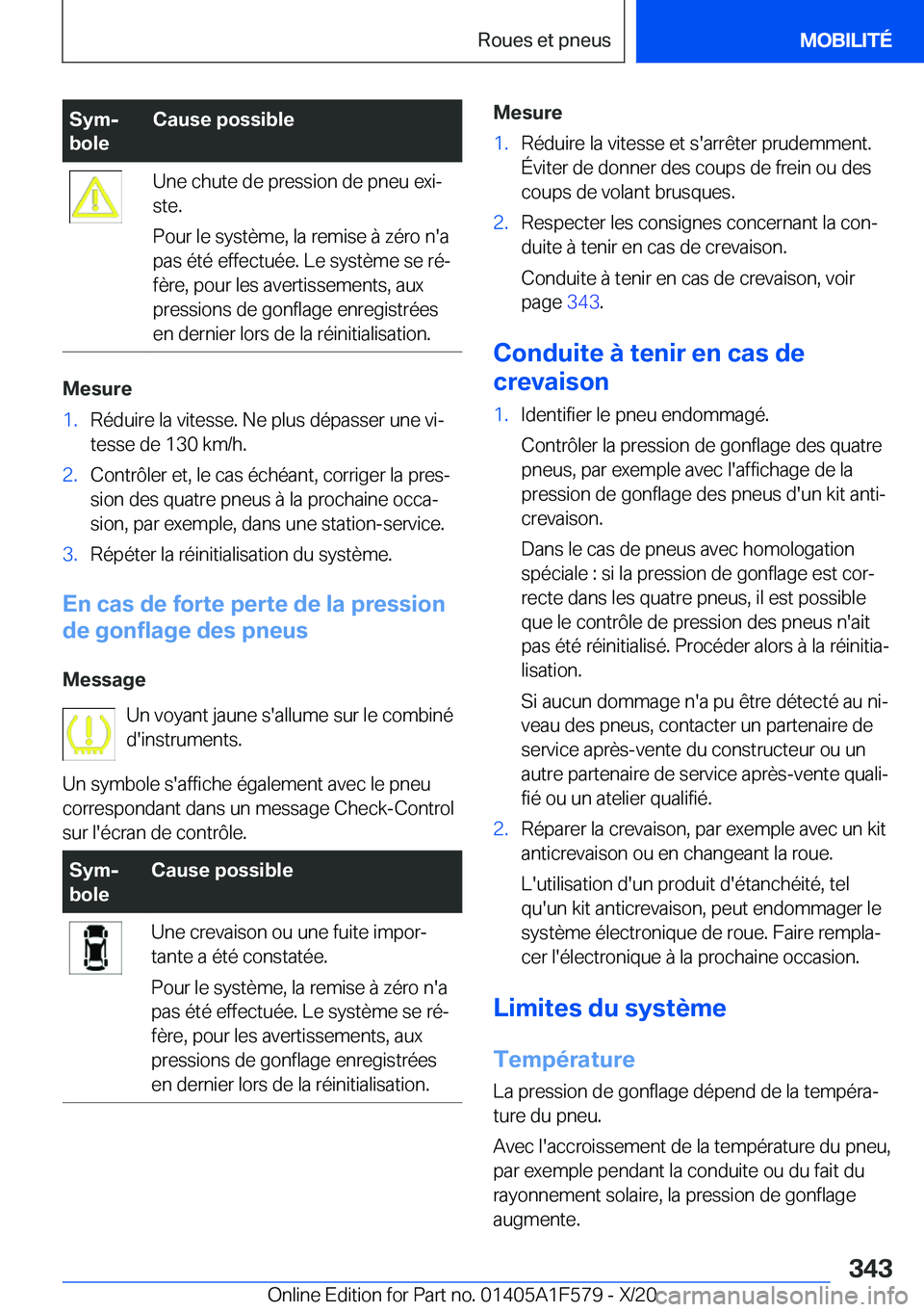 BMW X3 M 2021  Notices Demploi (in French) �S�y�mj
�b�o�l�e�C�a�u�s�e��p�o�s�s�i�b�l�e�U�n�e��c�h�u�t�e��d�e��p�r�e�s�s�i�o�n��d�e��p�n�e�u��e�x�ij
�s�t�e�.
�P�o�u�r��l�e��s�y�s�t�è�m�e�,��l�a��r�e�m�i�s�e��