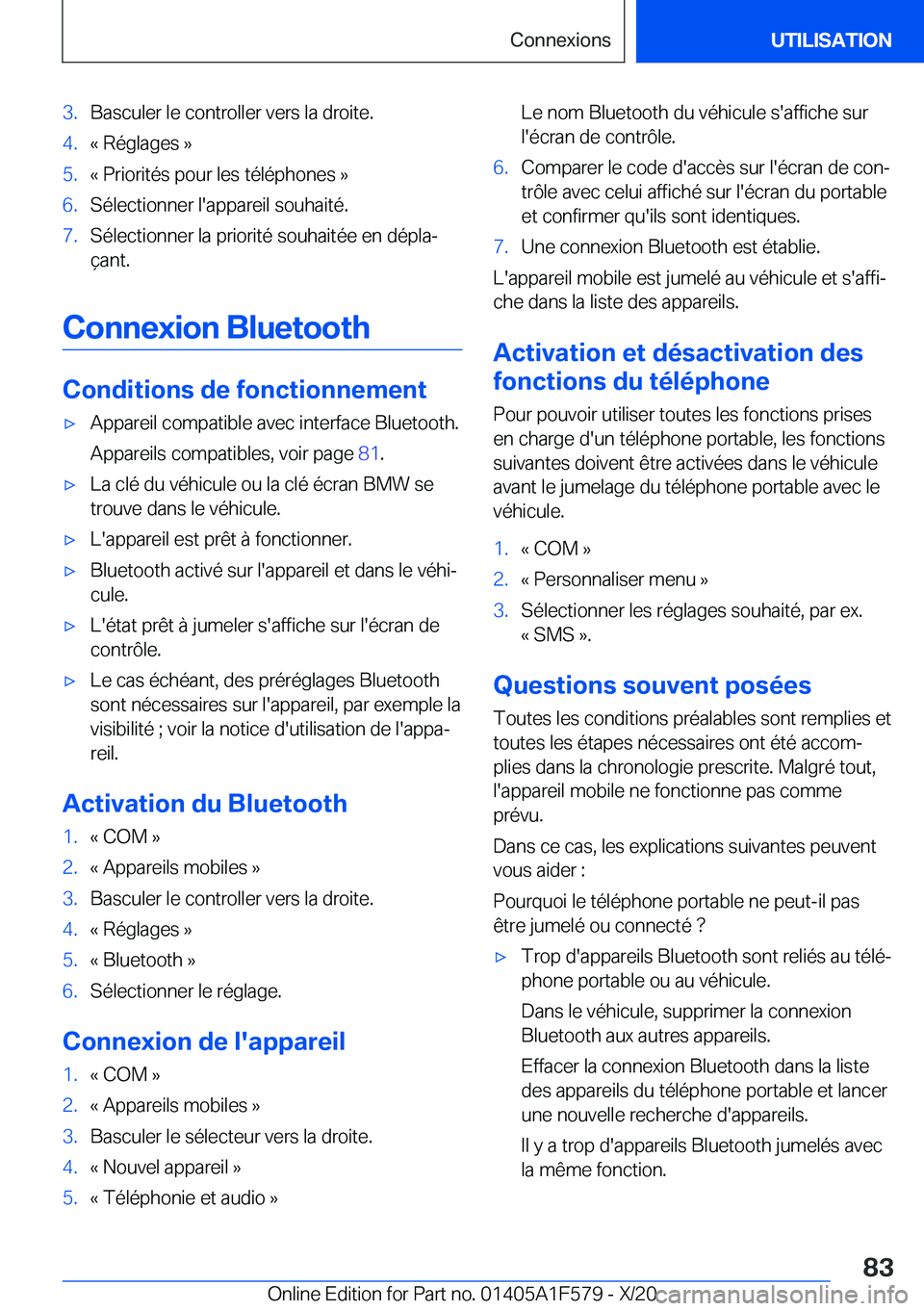 BMW X3 M 2021  Notices Demploi (in French) �3�.�B�a�s�c�u�l�e�r��l�e��c�o�n�t�r�o�l�l�e�r��v�e�r�s��l�a��d�r�o�i�t�e�.�4�.�k��R�é�g�l�a�g�e�s��{�5�.�k��P�r�i�o�r�i�t�é�s��p�o�u�r��l�e�s��t�é�l�é�p�h�o�n�e�s��{�6�.�S�é�l�e�c�t�