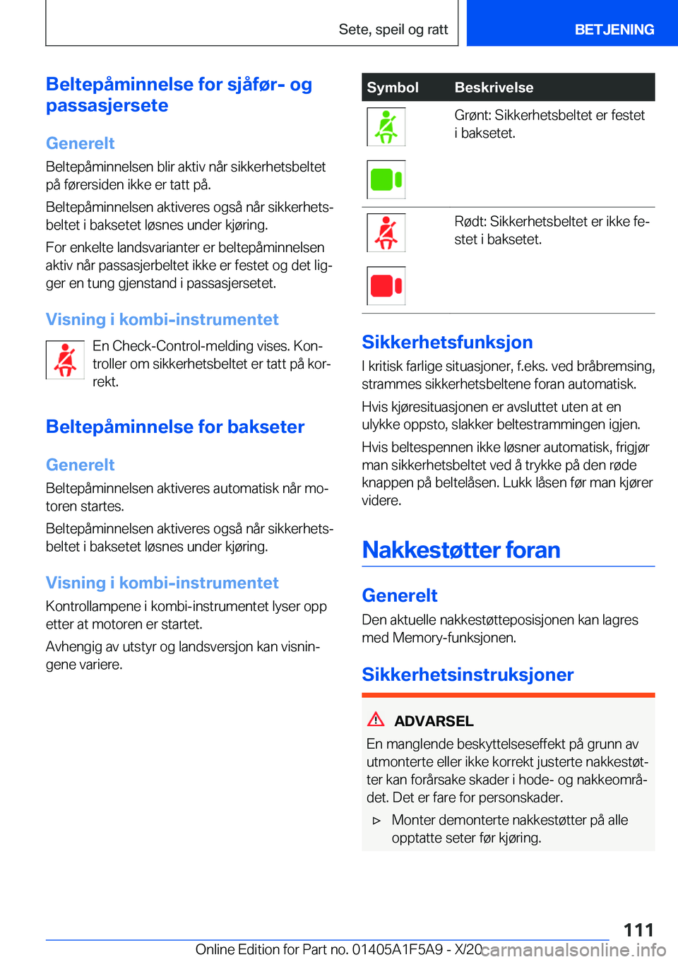 BMW X3 M 2021  InstruksjonsbØker (in Norwegian) �B�e�l�t�e�p�å�m�i�n�n�e�l�s�e��f�o�r��s�j�å�f�