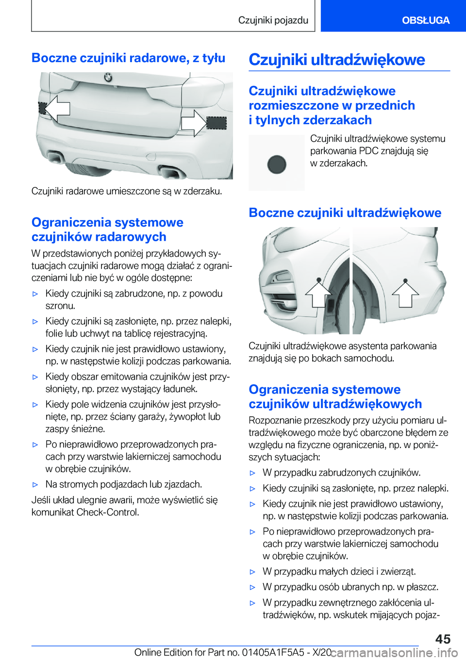 BMW X3 M 2021  Instrukcja obsługi (in Polish) �B�o�c�z�n�e��c�z�u�j�n�i�k�i��r�a�d�a�r�o�w�e�,��z��t�y�ł�u
�C�z�u�j�n�i�k�i��r�a�d�a�r�o�w�e��u�m�i�e�s�z�c�z�o�n�e��s�