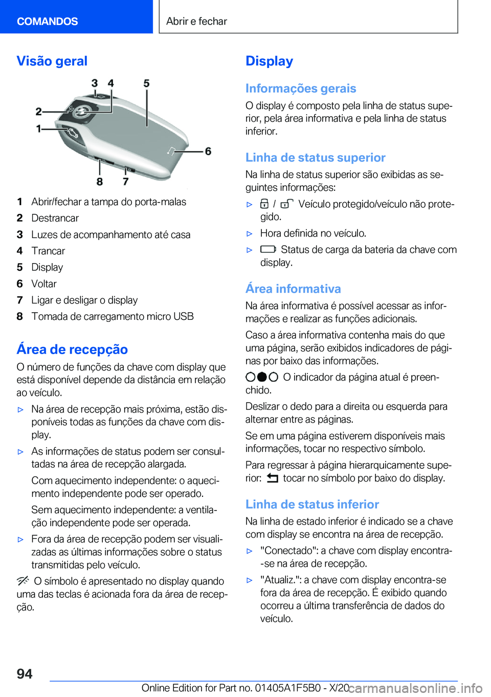 BMW X3 M 2021  Manual do condutor (in Portuguese) �V�i�s�ã�o��g�e�r�a�l�1�A�b�r�i�r�/�f�e�c�h�a�r��a��t�a�m�p�a��d�o��p�o�r�t�a�-�m�a�l�a�s�2�D�e�s�t�r�a�n�c�a�r�3�L�u�z�e�s��d�e��a�c�o�m�p�a�n�h�a�m�e�n�t�o��a�t�é��c�a�s�a�4�T�r�a�n�c�a�r