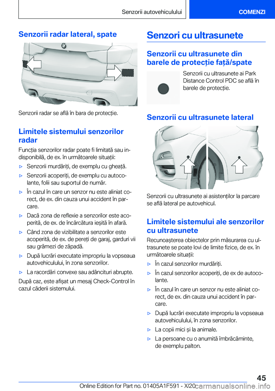 BMW X3 M 2021  Ghiduri De Utilizare (in Romanian) �S�e�n�z�o�r�i�i��r�a�d�a�r��l�a�t�e�r�a�l�,��s�p�a�t�e
�S�e�n�z�o�r�i�i��r�a�d�a�r��s�e��a�f�l�ă��