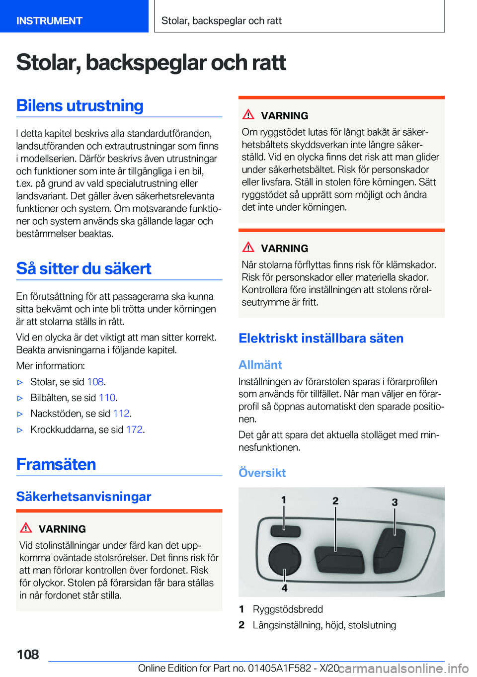BMW X3 M 2021  InstruktionsbÖcker (in Swedish) �S�t�o�l�a�r�,��b�a�c�k�s�p�e�g�l�a�r��o�c�h��r�a�t�t�B�i�l�e�n�s��u�t�r�u�s�t�n�i�n�g
�I��d�e�t�t�a��k�a�p�i�t�e�l��b�e�s�k�r�i�v�s��a�l�l�a��s�t�a�n�d�a�r�d�u�t�f�