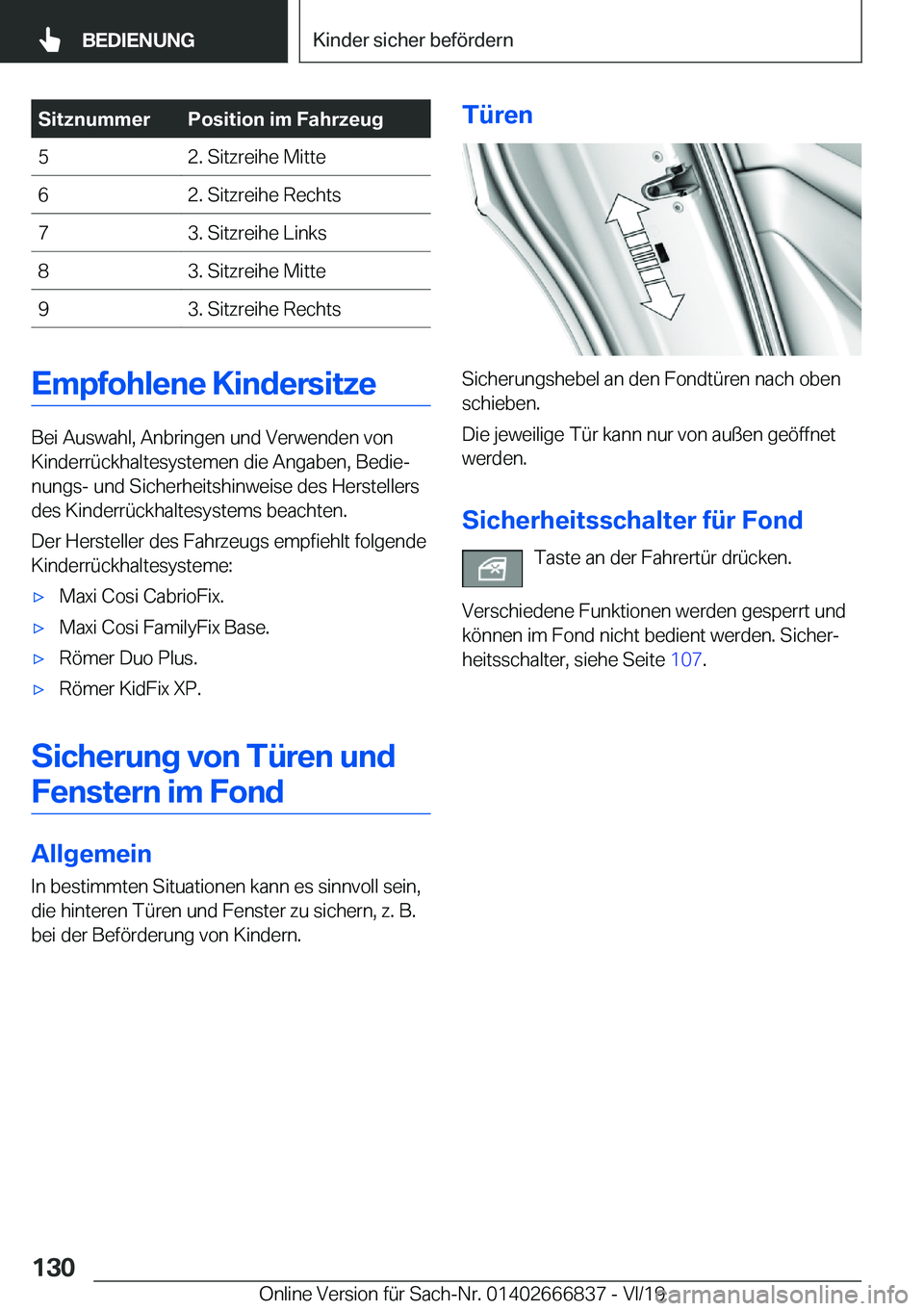 BMW X3 M 2020  Betriebsanleitungen (in German) �S�i�t�z�n�u�m�m�e�r�P�o�s�i�t�i�o�n��i�m��F�a�h�r�z�e�u�g�5�2�.��S�i�t�z�r�e�i�h�e��M�i�t�t�e�6�2�.��S�i�t�z�r�e�i�h�e��R�e�c�h�t�s�7�3�.��S�i�t�z�r�e�i�h�e��L�i�n�k�s�8�3�.��S�i�t�z�r�e�i�h