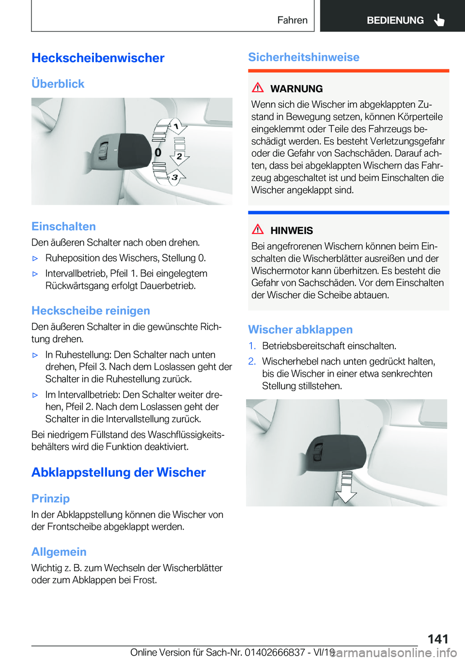 BMW X3 M 2020  Betriebsanleitungen (in German) �H�e�c�k�s�c�h�e�i�b�e�n�w�i�s�c�h�e�r
�