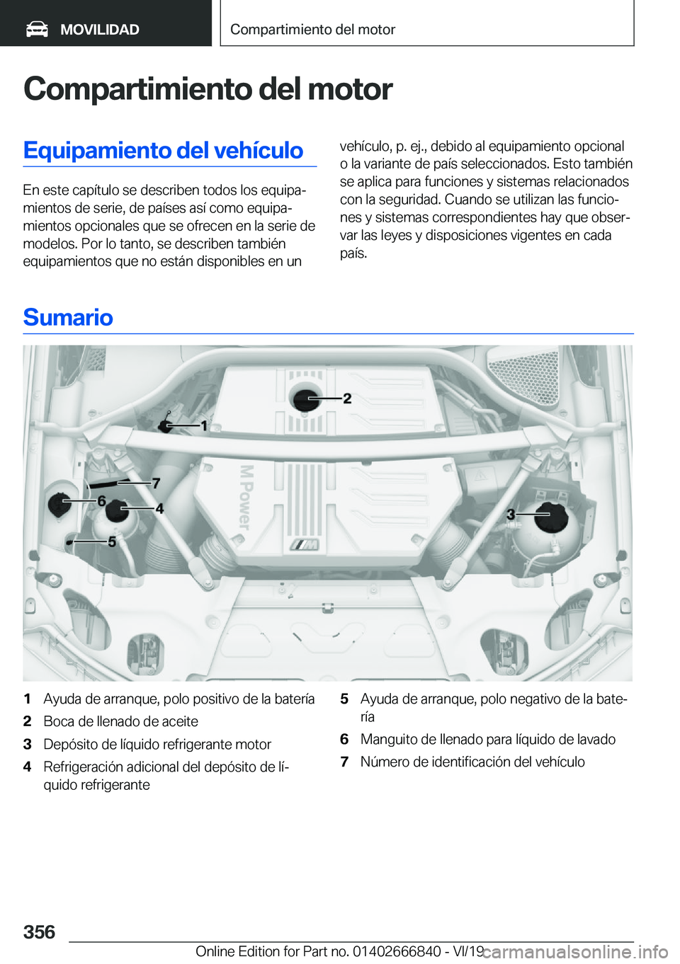 BMW X3 M 2020  Manuales de Empleo (in Spanish) �C�o�m�p�a�r�t�i�m�i�e�n�t�o��d�e�l��m�o�t�o�r�E�q�u�i�p�a�m�i�e�n�t�o��d�e�l��v�e�h�