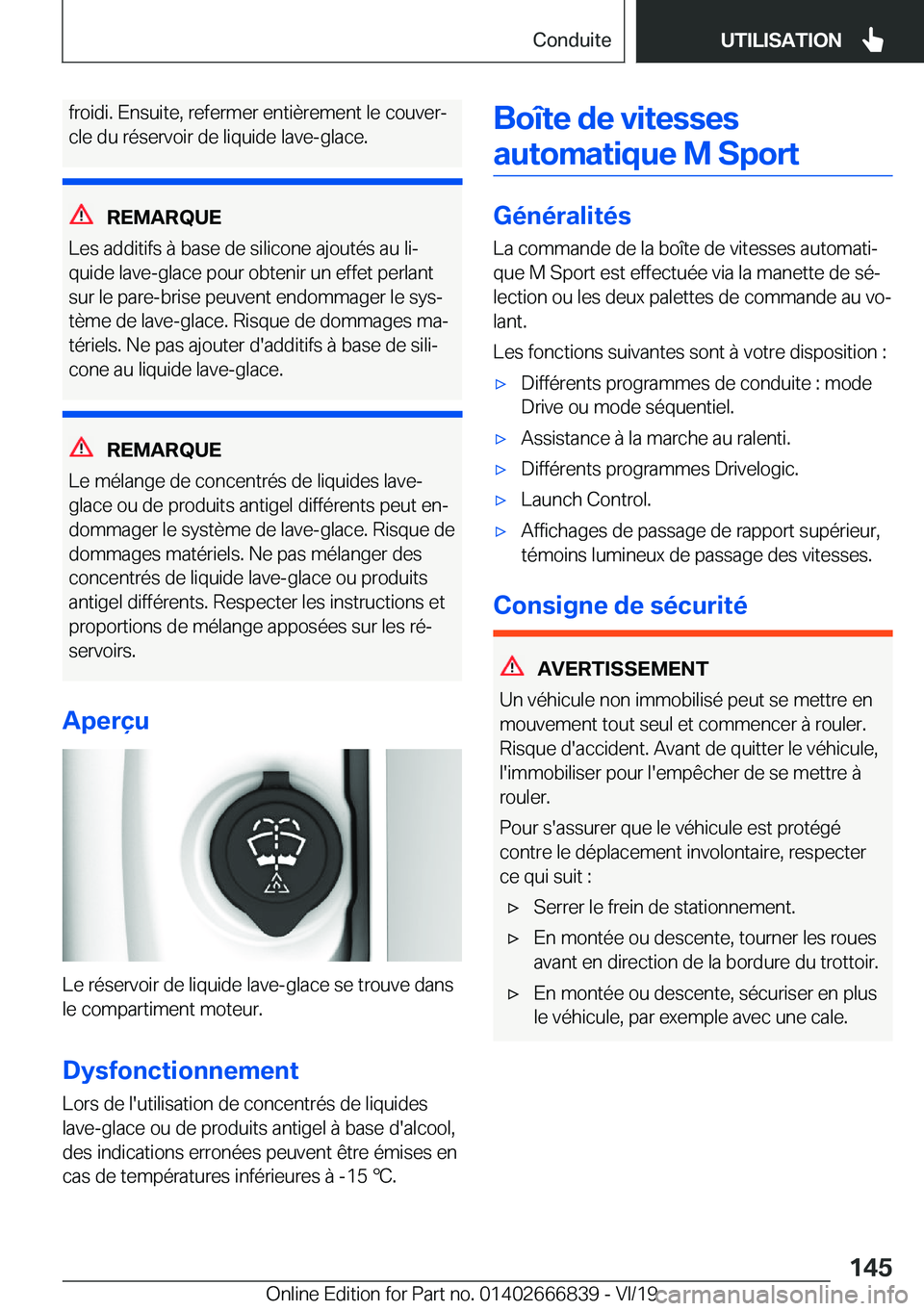 BMW X3 M 2020  Notices Demploi (in French) �f�r�o�i�d�i�.��E�n�s�u�i�t�e�,��r�e�f�e�r�m�e�r��e�n�t�i�è�r�e�m�e�n�t��l�e��c�o�u�v�e�rj
�c�l�e��d�u��r�é�s�e�r�v�o�i�r��d�e��l�i�q�u�i�d�e��l�a�v�e�-�g�l�a�c�e�.
�R�E�M�A�R�Q�U�E
�L�e�