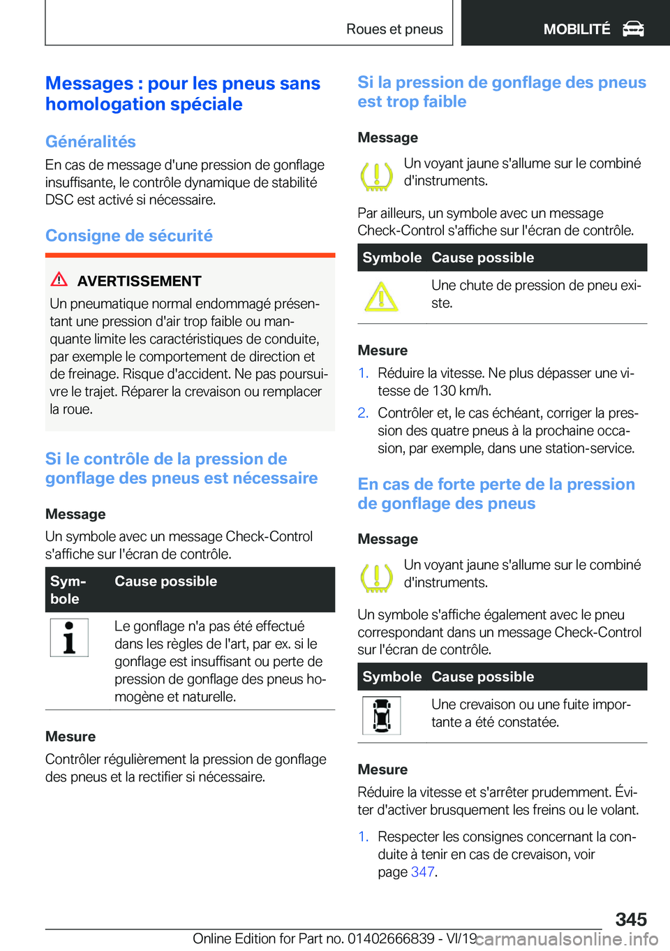 BMW X3 M 2020  Notices Demploi (in French) �M�e�s�s�a�g�e�s��:��p�o�u�r��l�e�s��p�n�e�u�s��s�a�n�s
�h�o�m�o�l�o�g�a�t�i�o�n��s�p�é�c�i�a�l�e
�G�é�n�é�r�a�l�i�t�é�s
�E�n��c�a�s��d�e��m�e�s�s�a�g�e��d�'�u�n�e��p�r�e�s�s�i�o�n�