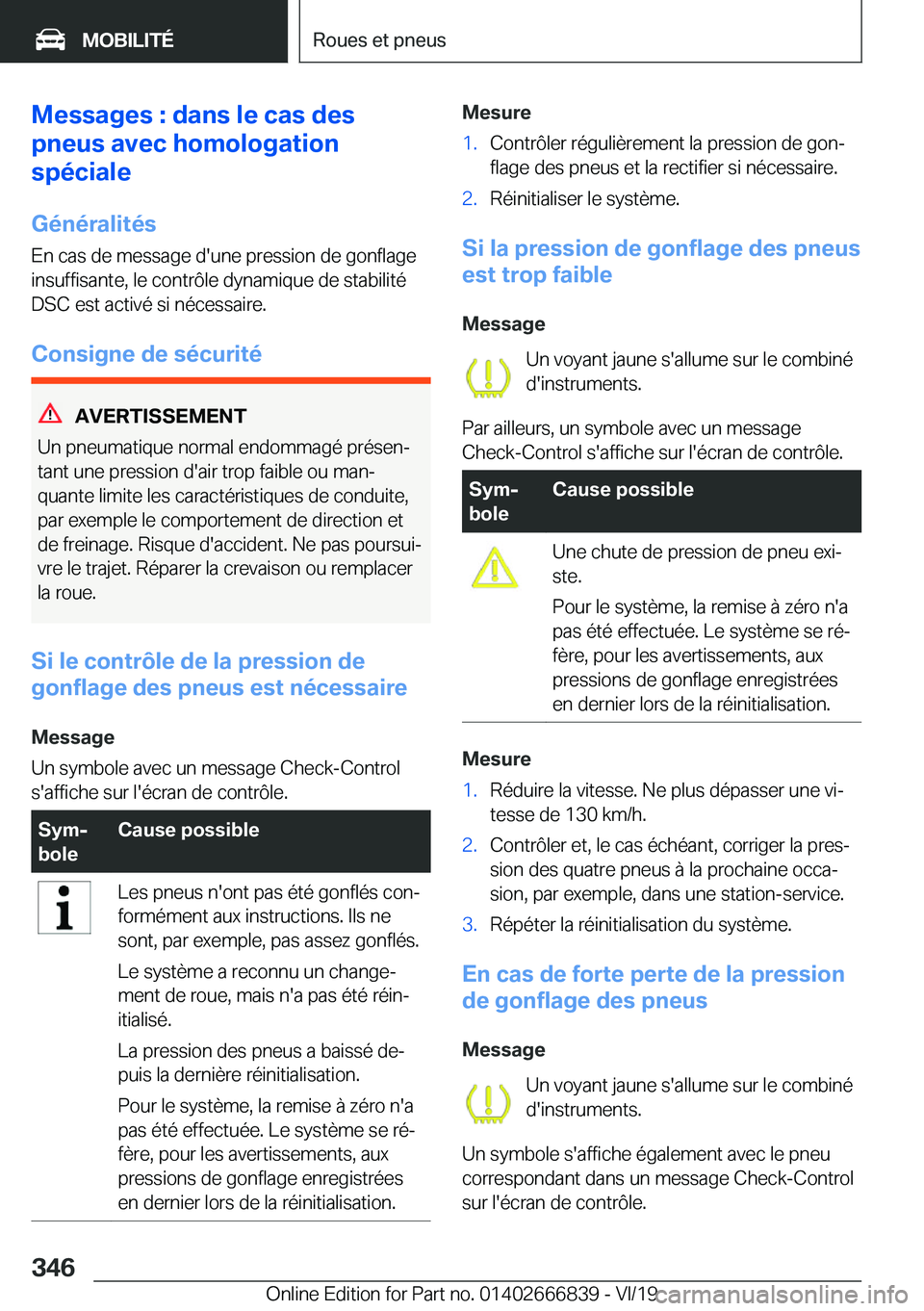 BMW X3 M 2020  Notices Demploi (in French) �M�e�s�s�a�g�e�s��:��d�a�n�s��l�e��c�a�s��d�e�s
�p�n�e�u�s��a�v�e�c��h�o�m�o�l�o�g�a�t�i�o�n
�s�p�é�c�i�a�l�e
�G�é�n�é�r�a�l�i�t�é�s
�E�n��c�a�s��d�e��m�e�s�s�a�g�e��d�'�u�n�e��p�r
