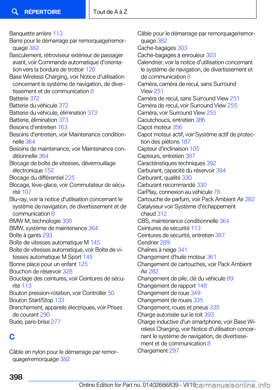 BMW X3 M 2020  Notices Demploi (in French) �B�a�n�q�u�e�t�t�e��a�r�r�i�è�r�e��1�1�3�
�B�a�r�r�e��p�o�u�r��l�e��d�é�m�a�r�r�a�g�e��p�a�r��r�e�m�o�r�q�u�a�g�e�/�r�e�m�o�rj �q�u�a�g�e� �3�8�2�
�B�a�s�c�u�l�e�m�e�n�t�,��r�é�t�r�o�v�