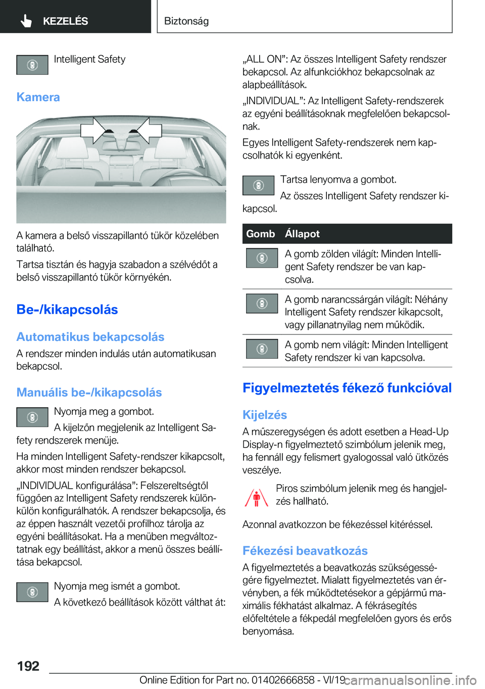 BMW X3 M 2020  Kezelési útmutató (in Hungarian) �I�n�t�e�l�l�i�g�e�n�t��S�a�f�e�t�y
�K�a�m�e�r�a
�A��k�a�m�e�r�a��a��b�e�l�s�