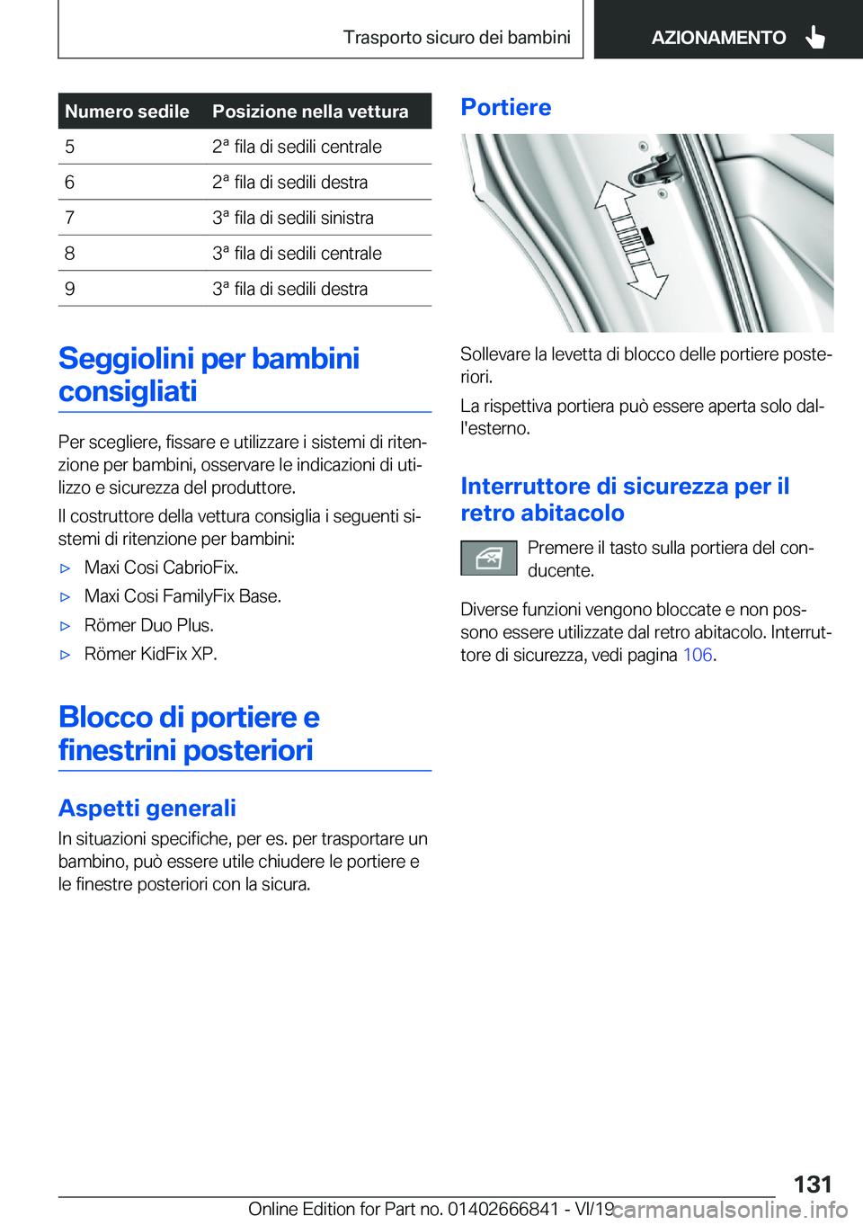 BMW X3 M 2020  Libretti Di Uso E manutenzione (in Italian) �N�u�m�e�r�o��s�e�d�i�l�e�P�o�s�i�z�i�o�n�e��n�e�l�l�a��v�e�t�t�u�r�a�5�2�ª��f�i�l�a��d�i��s�e�d�i�l�i��c�e�n�t�r�a�l�e�6�2�ª��f�i�l�a��d�i��s�e�d�i�l�i��d�e�s�t�r�a�7�3�ª��f�i�l�a��d�