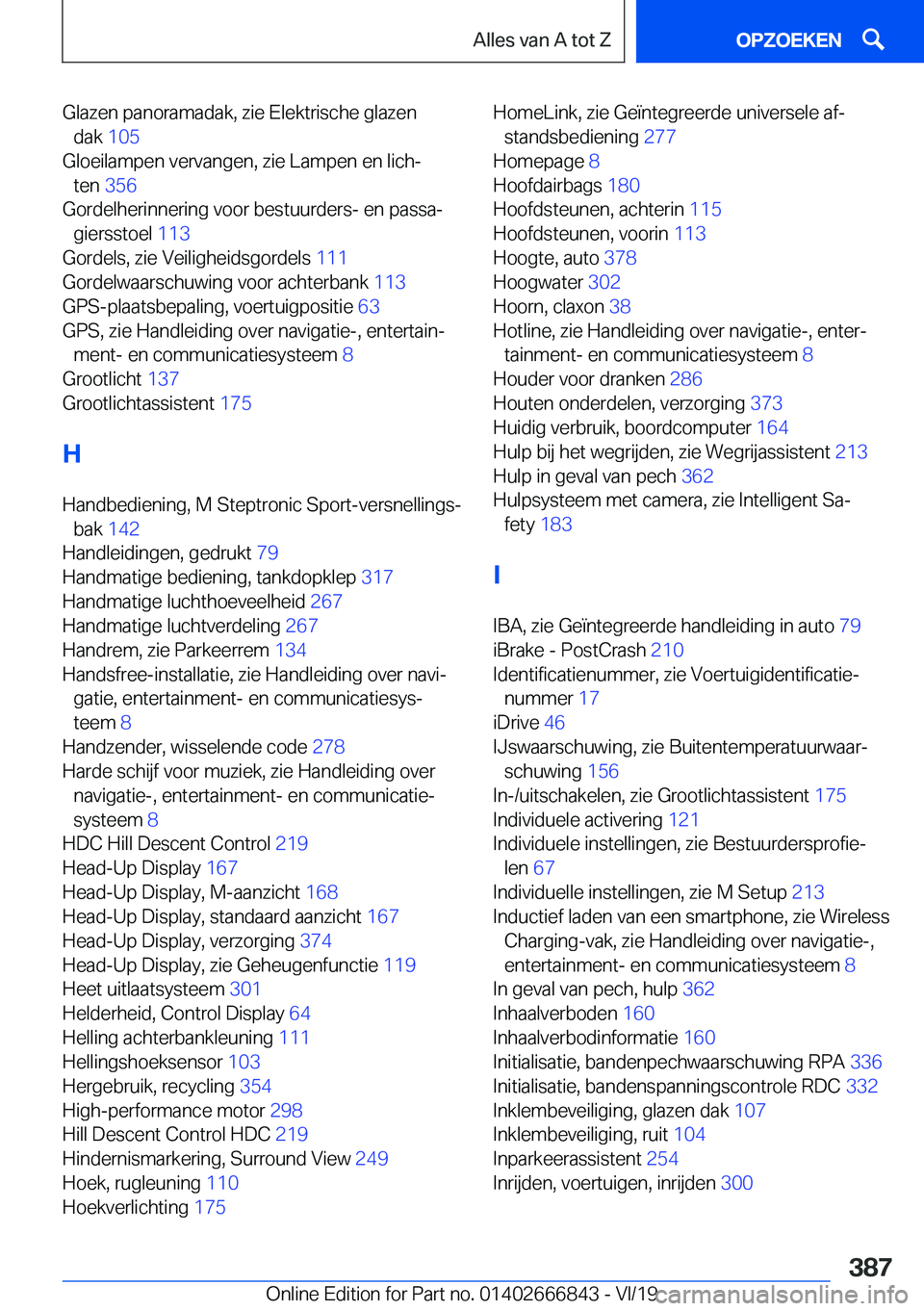 BMW X3 M 2020  Instructieboekjes (in Dutch) �G�l�a�z�e�n��p�a�n�o�r�a�m�a�d�a�k�,��z�i�e��E�l�e�k�t�r�i�s�c�h�e��g�l�a�z�e�n�d�a�k� �1�0�5�
�G�l�o�e�i�l�a�m�p�e�n��v�e�r�v�a�n�g�e�n�,��z�i�e��L�a�m�p�e�n��e�n��l�i�c�hj �t�e�n� �3�5