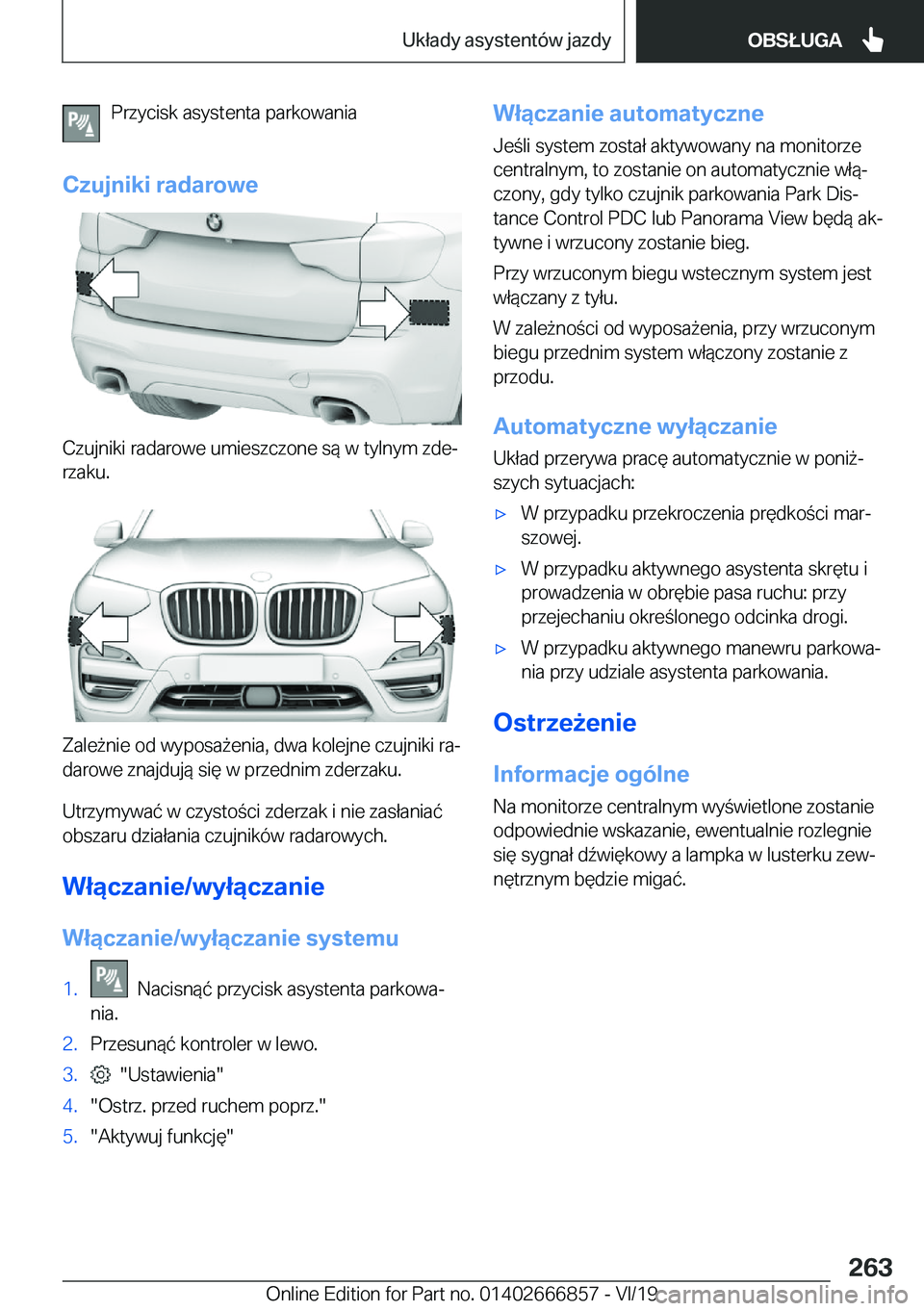 BMW X3 M 2020  Instrukcja obsługi (in Polish) �P�r�z�y�c�i�s�k��a�s�y�s�t�e�n�t�a��p�a�r�k�o�w�a�n�i�a
�C�z�u�j�n�i�k�i��r�a�d�a�r�o�w�e
�C�z�u�j�n�i�k�i��r�a�d�a�r�o�w�e��u�m�i�e�s�z�c�z�o�n�e��s�