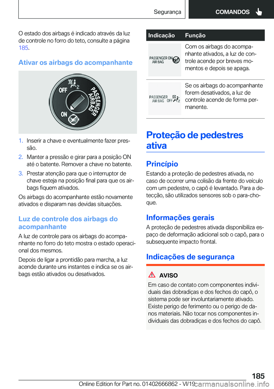 BMW X3 M 2020  Manual do condutor (in Portuguese) �O��e�s�t�a�d�o��d�o�s��a�i�r�b�a�g�s��é��i�n�d�i�c�a�d�o��a�t�r�a�v�é�s��d�a��l�u�z�d�e��c�o�n�t�r�o�l�e��n�o��f�o�r�r�o��d�o��t�e�t�o�,��c�o�n�s�u�l�t�e��a��p�á�g�i�n�a
�1�8�5 �.
