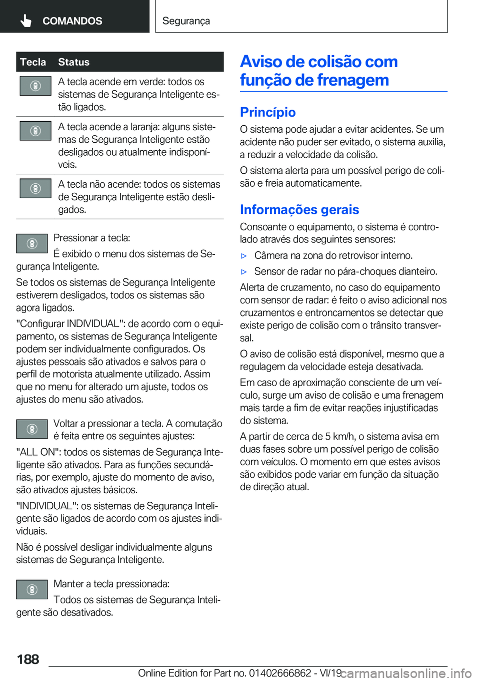 BMW X3 M 2020  Manual do condutor (in Portuguese) �T�e�c�l�a�S�t�a�t�u�s�A��t�e�c�l�a��a�c�e�n�d�e��e�m��v�e�r�d�e�:��t�o�d�o�s��o�s
�s�i�s�t�e�m�a�s��d�e��S�e�g�u�r�a�n�