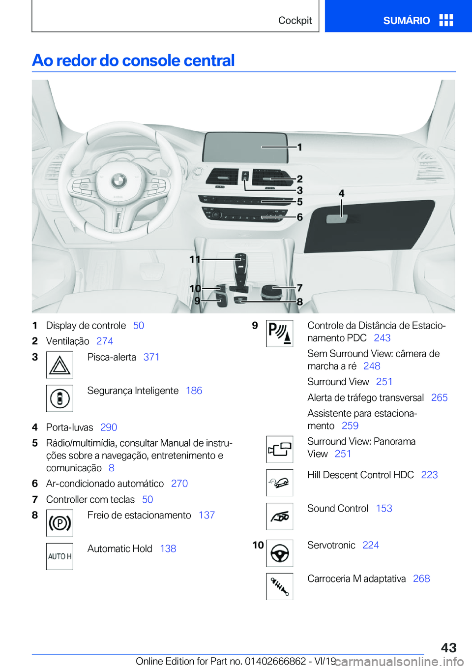 BMW X3 M 2020  Manual do condutor (in Portuguese) �A�o��r�e�d�o�r��d�o��c�o�n�s�o�l�e��c�e�n�t�r�a�l�1�D�i�s�p�l�a�y��d�e��c�o�n�t�r�o�l�e\_�5�0�2�V�e�n�t�i�l�a�