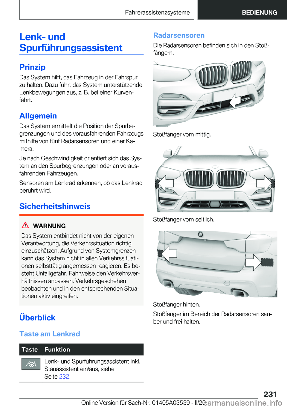 BMW X3 PLUG IN HYBRID 2020  Betriebsanleitungen (in German) �L�e�n�k�-��u�n�d
�S�p�u�r�f�