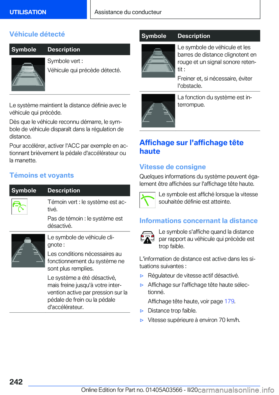 BMW X3 PLUG IN HYBRID 2020  Notices Demploi (in French) �V�é�h�i�c�u�l�e��d�é�t�e�c�t�é�S�y�m�b�o�l�e�D�e�s�c�r�i�p�t�i�o�n�S�y�m�b�o�l�e��v�e�r�t��:
�V�é�h�i�c�u�l�e��q�u�i��p�r�é�c�è�d�e��d�é�t�e�c�t�é�.
�L�e��s�y�s�t�è�m�e��m�a�i�n�t�i�