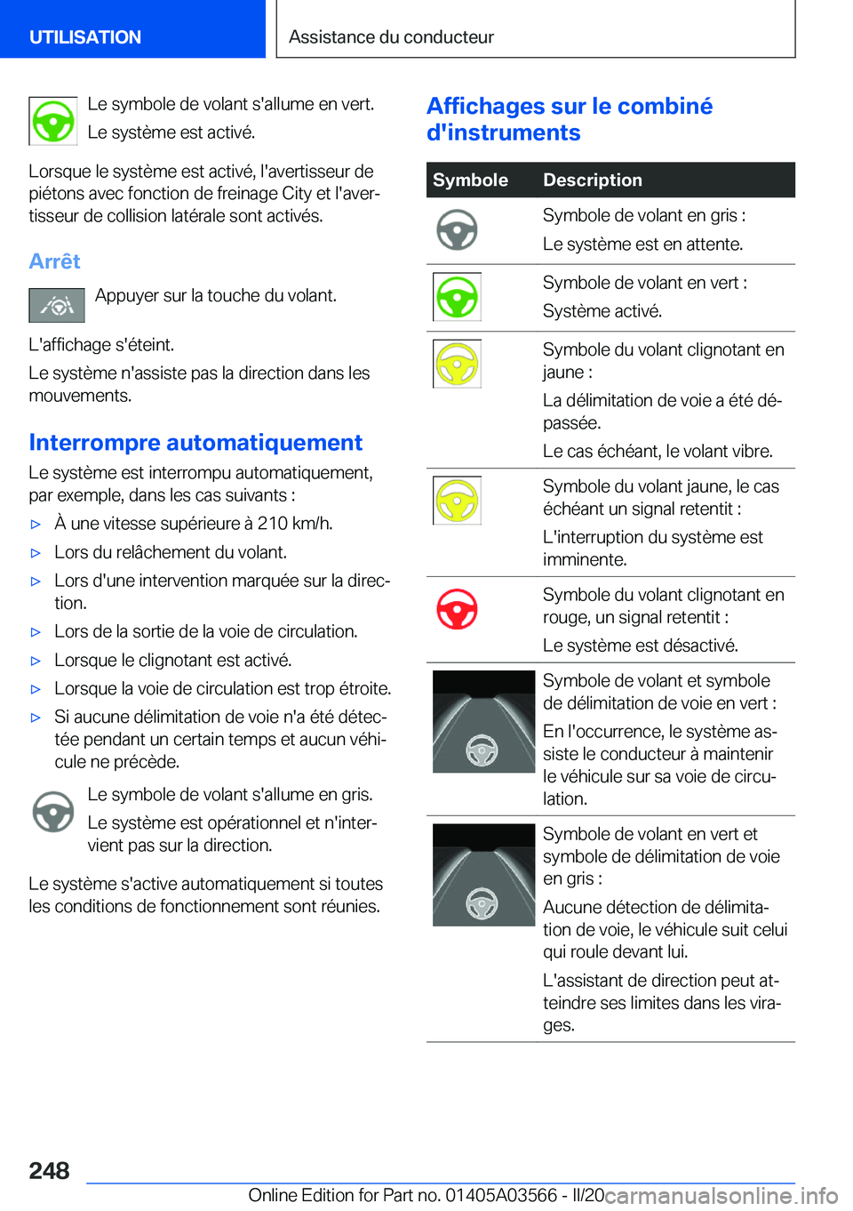 BMW X3 PLUG IN HYBRID 2020  Notices Demploi (in French) �L�e��s�y�m�b�o�l�e��d�e��v�o�l�a�n�t��s�'�a�l�l�u�m�e��e�n��v�e�r�t�.
�L�e��s�y�s�t�è�m�e��e�s�t��a�c�t�i�v�é�.
�L�o�r�s�q�u�e��l�e��s�y�s�t�è�m�e��e�s�t��a�c�t�i�v�é�,��l�'
