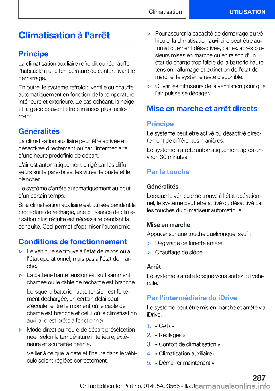 BMW X3 PLUG IN HYBRID 2020  Notices Demploi (in French) �C�l�i�m�a�t�i�s�a�t�i�o�n��