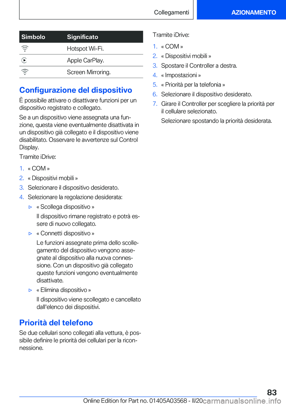 BMW X3 PLUG IN HYBRID 2020  Libretti Di Uso E manutenzione (in Italian) �S�i�m�b�o�l�o�S�i�g�n�i�f�i�c�a�t�o��H�o�t�s�p�o�t��W�i�-�F�i�.��A�p�p�l�e��C�a�r�P�l�a�y�.��S�c�r�e�e�n��M�i�r�r�o�r�i�n�g�.
�C�o�n�f�i�g�u�r�a�z�i�o�n�e��d�e�l��d�i�s�p�o�s�i�t�i�v�o�