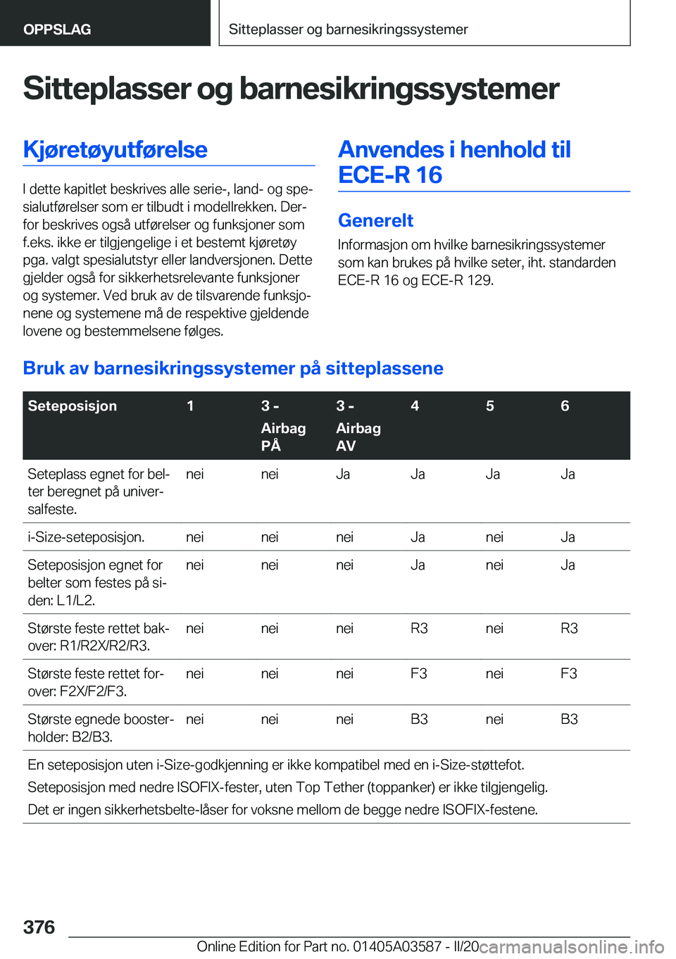BMW X3 PLUG IN HYBRID 2020  InstruksjonsbØker (in Norwegian) �S�i�t�t�e�p�l�a�s�s�e�r��o�g��b�a�r�n�e�s�i�k�r�i�n�g�s�s�y�s�t�e�m�e�r�K�j�