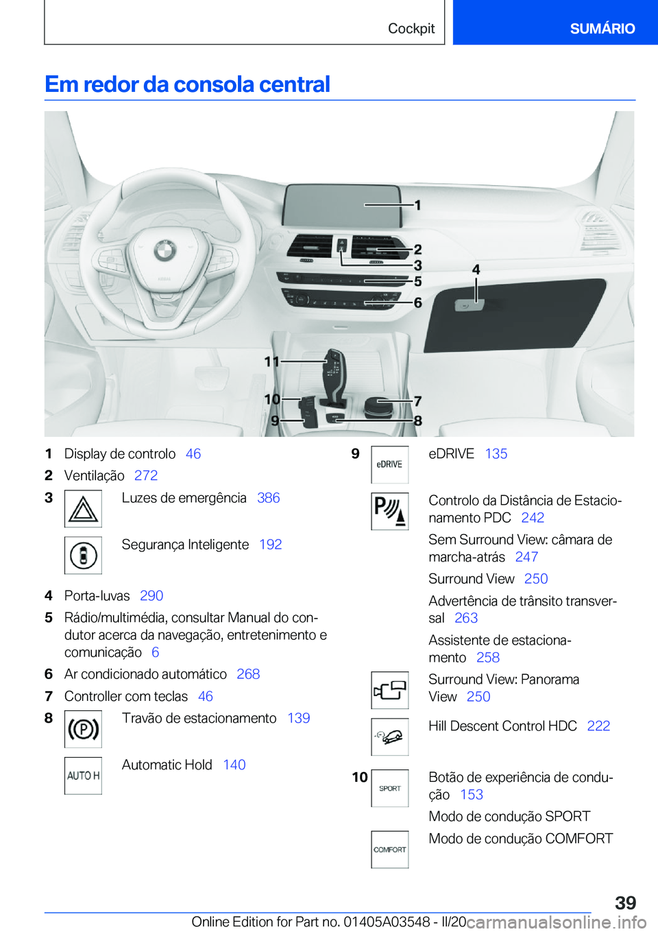 BMW X3 PLUG IN HYBRID 2020  Manual do condutor (in Portuguese) �E�m��r�e�d�o�r��d�a��c�o�n�s�o�l�a��c�e�n�t�r�a�l�1�D�i�s�p�l�a�y��d�e��c�o�n�t�r�o�l�o\_�4�6�2�V�e�n�t�i�l�a�