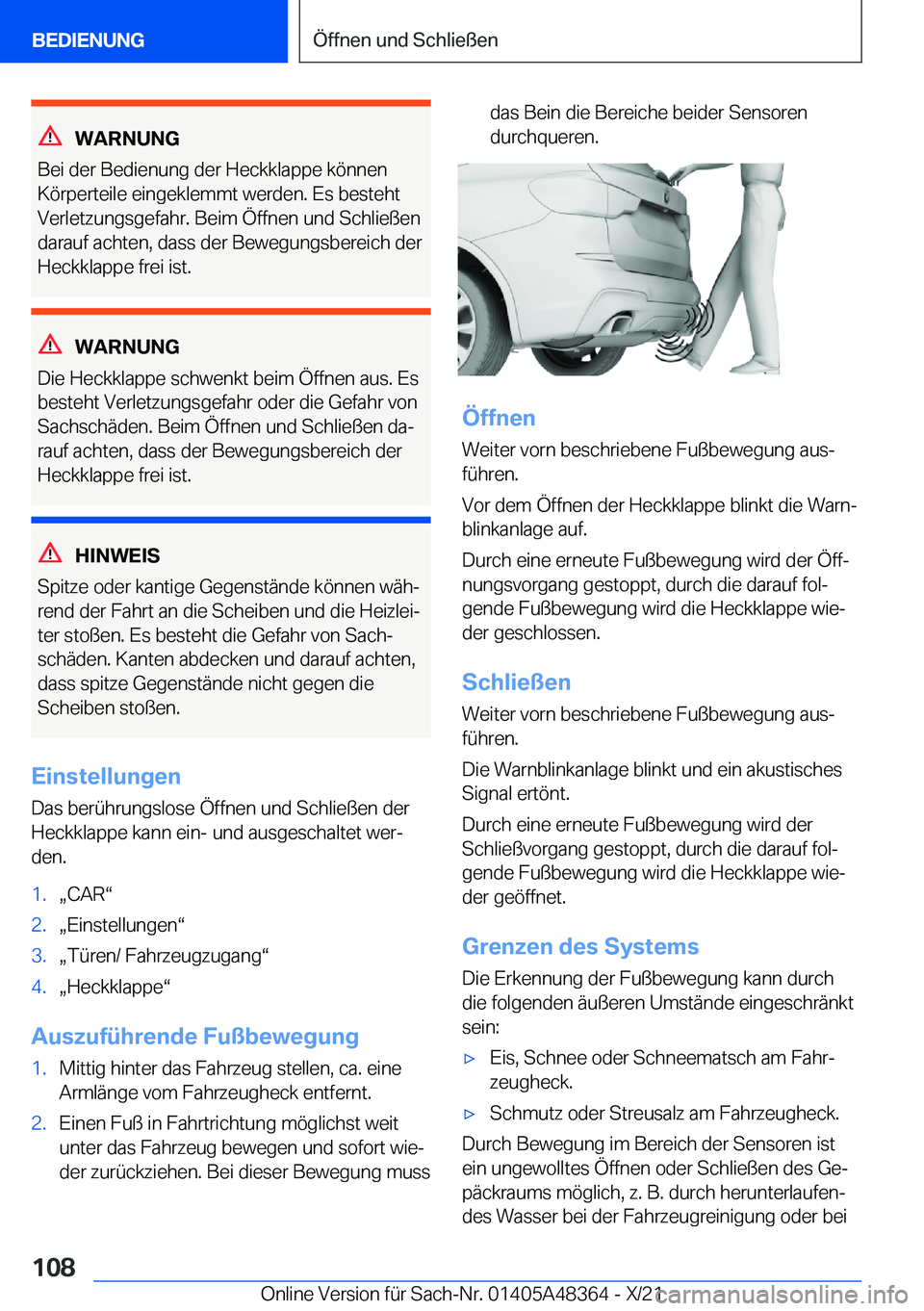 BMW X4 2022  Betriebsanleitungen (in German) �W�A�R�N�U�N�G
�B�e�i��d�e�r��B�e�d�i�e�n�u�n�g��d�e�r��H�e�c�k�k�l�a�p�p�e��k�