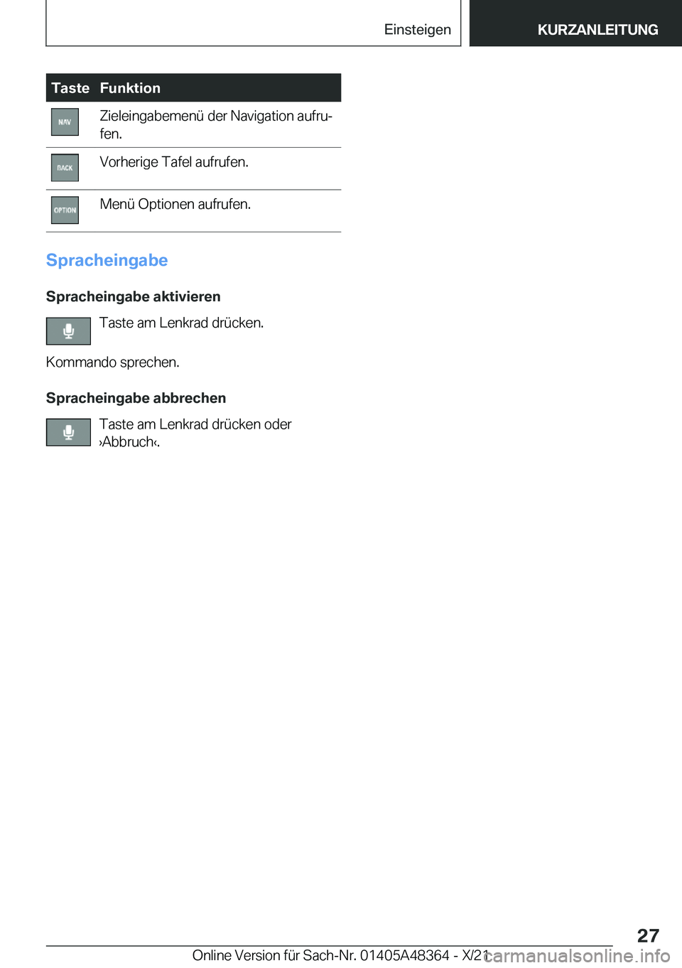 BMW X4 2022  Betriebsanleitungen (in German) �T�a�s�t�e�F�u�n�k�t�i�o�n�Z�i�e�l�e�i�n�g�a�b�e�m�e�n�