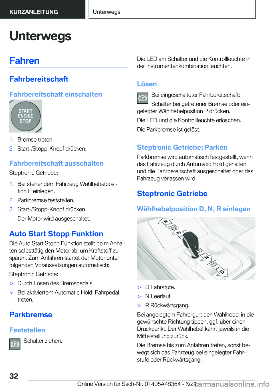 BMW X4 2022  Betriebsanleitungen (in German) �U�n�t�e�r�w�e�g�s�F�a�h�r�e�n
�F�a�h�r�b�e�r�e�i�t�s�c�h�a�f�t
�F�a�h�r�b�e�r�e�i�t�s�c�h�a�f�t��e�i�n�s�c�h�a�l�t�e�n
�1�.�B�r�e�m�s�e��t�r�e�t�e�n�.�2�.�S�t�a�r�t�-�/�S�t�o�p�p�-�K�n�o�p�f��d�r�