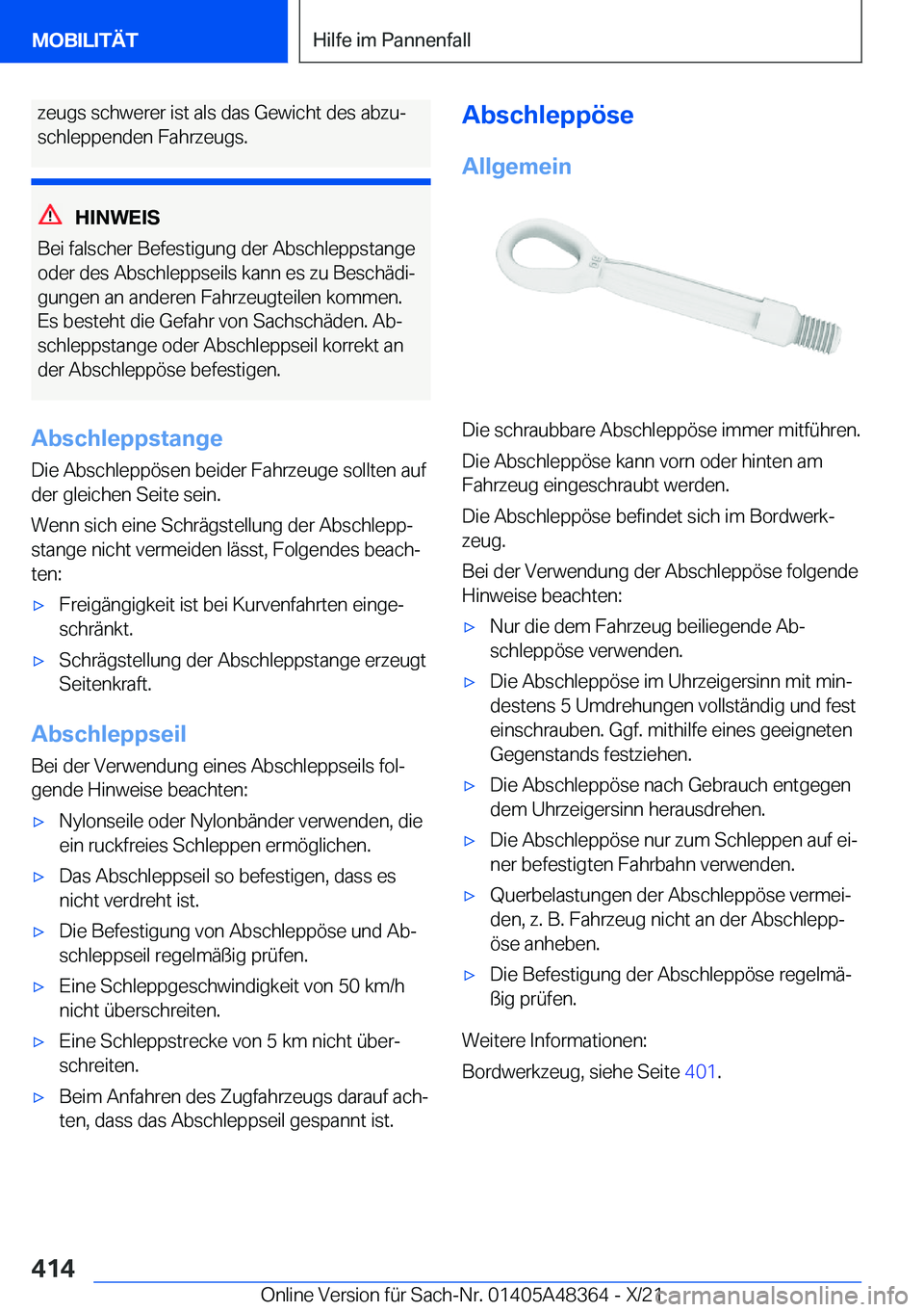 BMW X4 2022  Betriebsanleitungen (in German) �z�e�u�g�s��s�c�h�w�e�r�e�r��i�s�t��a�l�s��d�a�s��G�e�w�i�c�h�t��d�e�s��a�b�z�uj
�s�c�h�l�e�p�p�e�n�d�e�n��F�a�h�r�z�e�u�g�s�.
�H�I�N�W�E�I�S
�B�e�i��f�a�l�s�c�h�e�r��B�e�f�e�s�t�i�g�u�n�g�