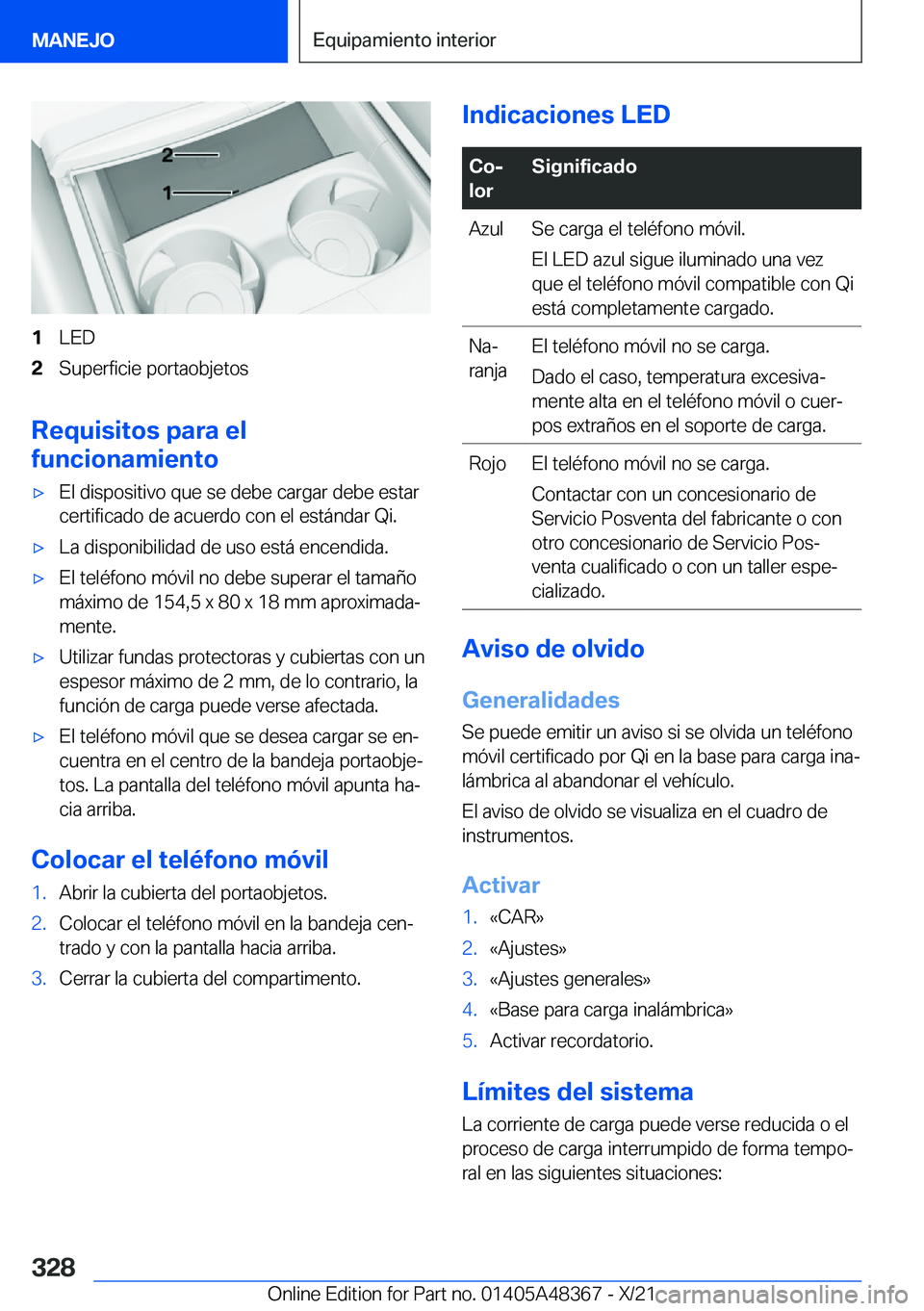BMW X4 2022  Manuales de Empleo (in Spanish) �1�L�E�D�2�S�u�p�e�r�f�i�c�i�e��p�o�r�t�a�o�b�j�e�t�o�s
�R�e�q�u�i�s�i�t�o�s��p�a�r�a��e�l
�f�u�n�c�i�o�n�a�m�i�e�n�t�o
x�E�l��d�i�s�p�o�s�i�t�i�v�o��q�u�e��s�e��d�e�b�e��c�a�r�g�a�r��d�e�b�